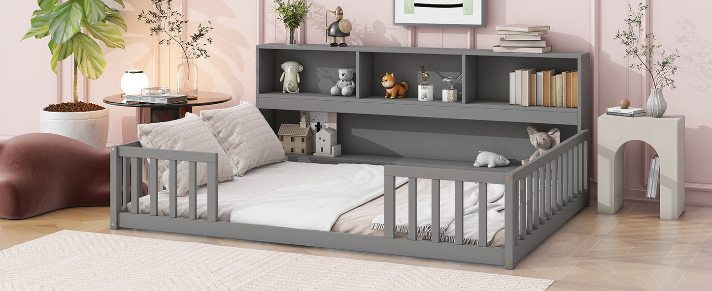 Gray wooden toddler bed with guardrails and attached bookshelf