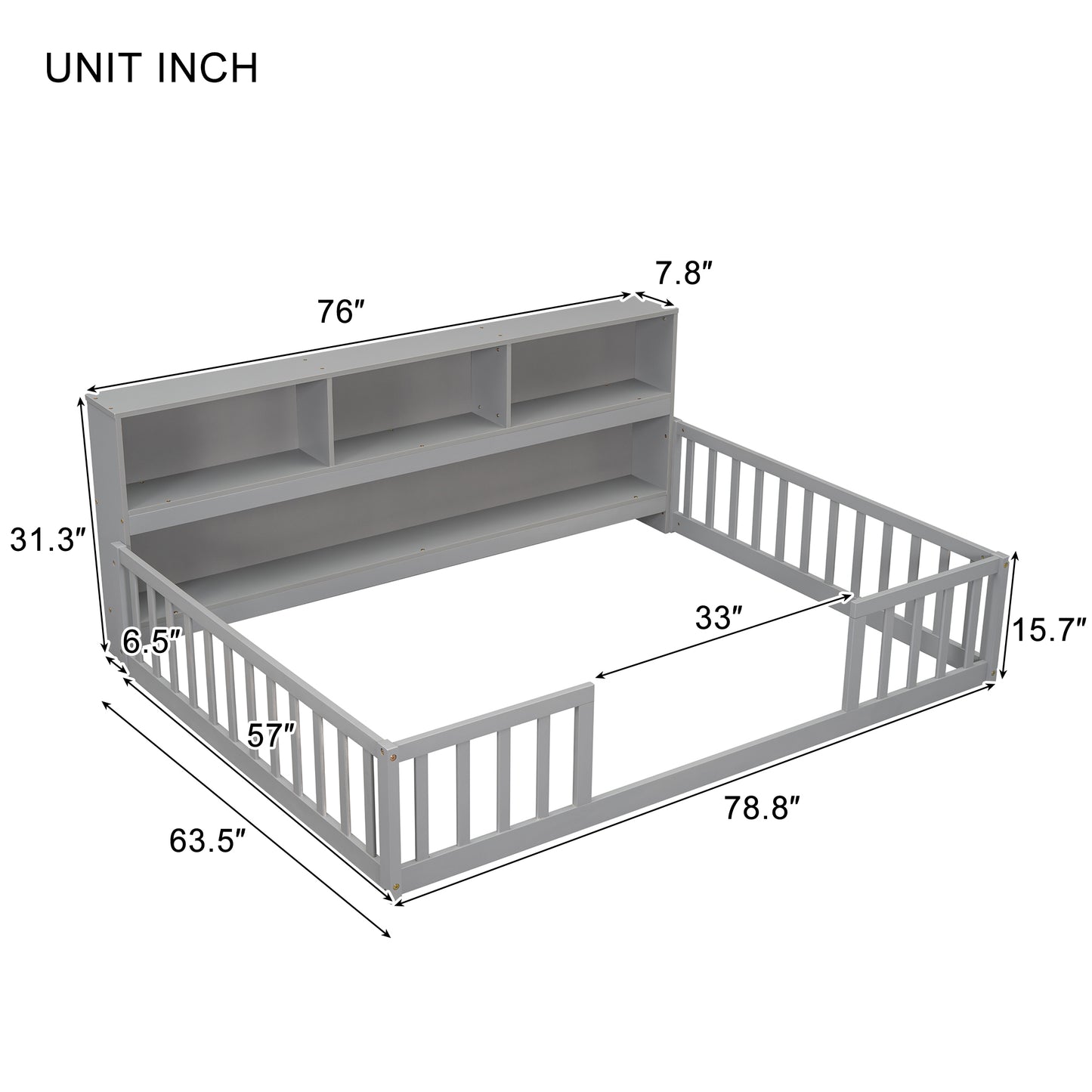 Gray toddler bed with attached bookcase headboard