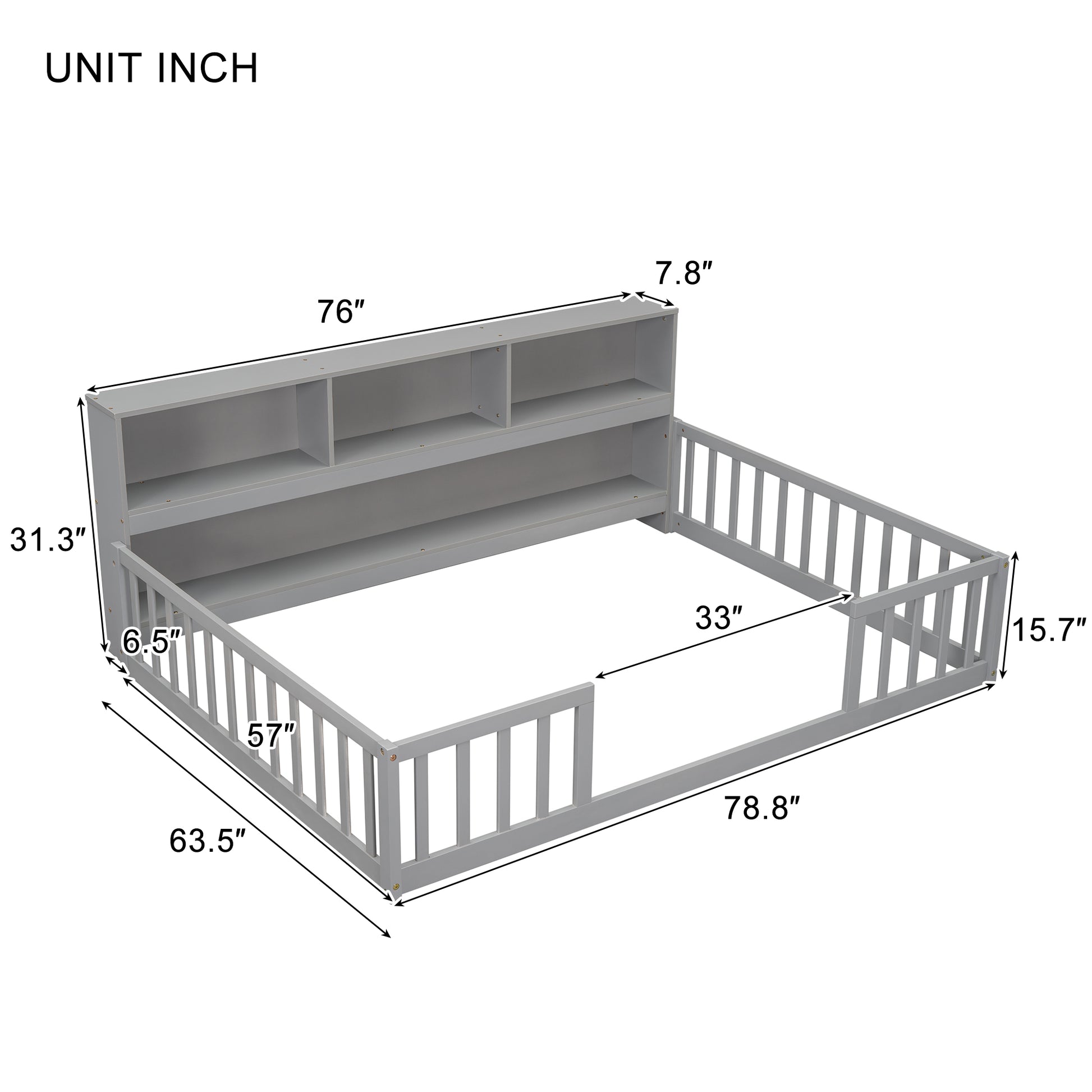 Gray toddler bed with attached bookcase headboard