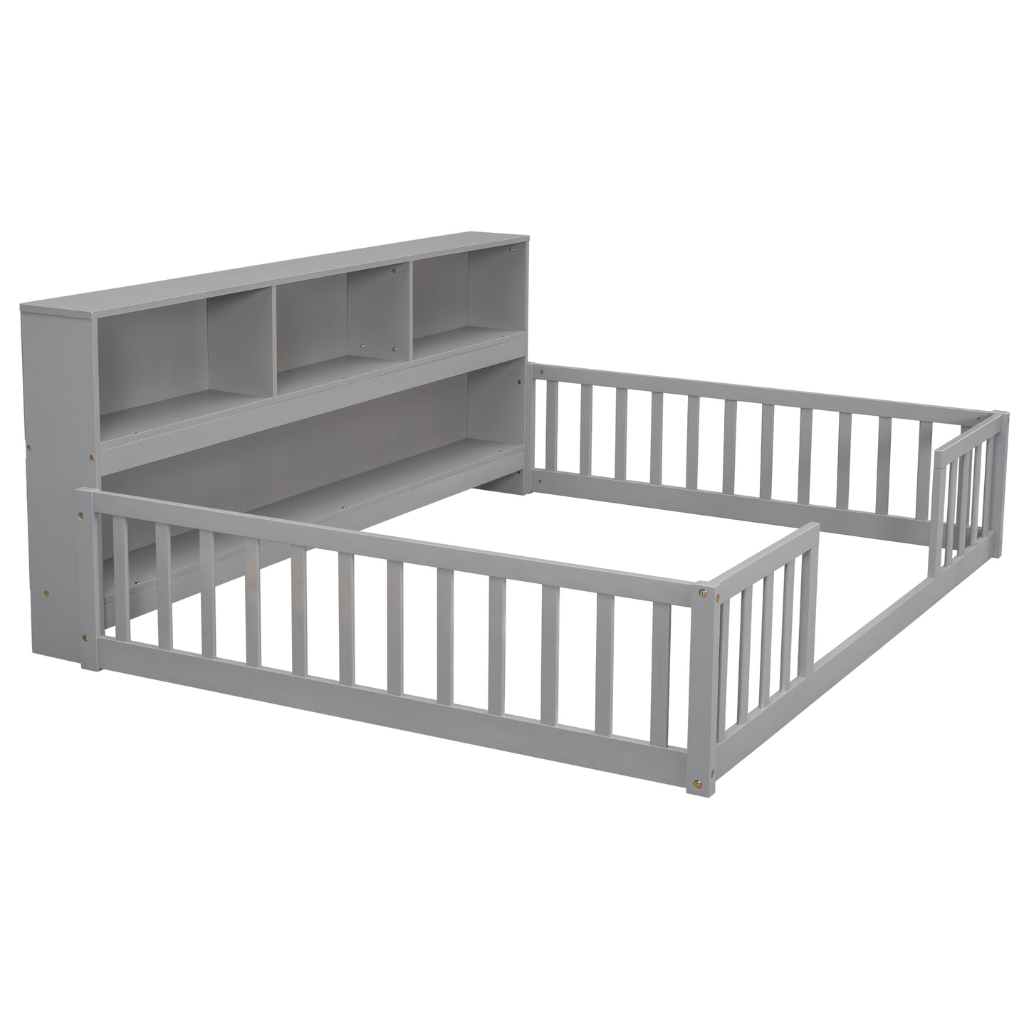 Gray wooden toddler bed with builtin bookcase and safety rails