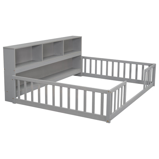 Gray wooden toddler bed with builtin bookcase and safety rails