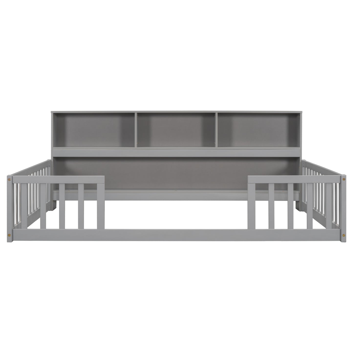 Gray wooden toddler bed with safety rails and integrated bookshelf headboard