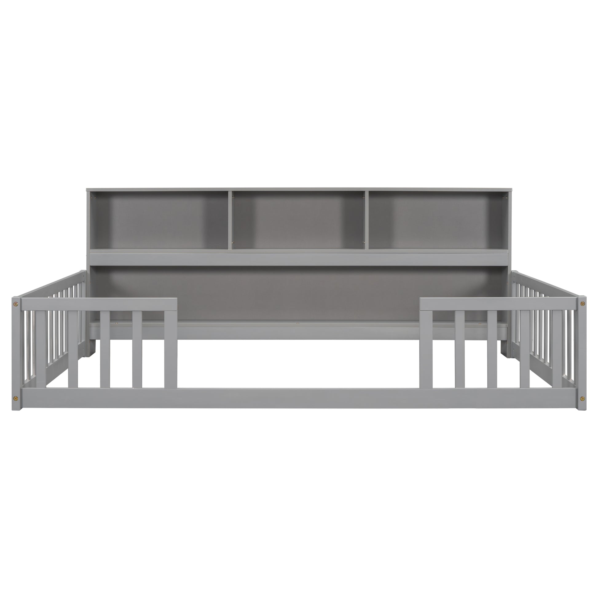 Gray wooden toddler bed with safety rails and integrated bookshelf headboard