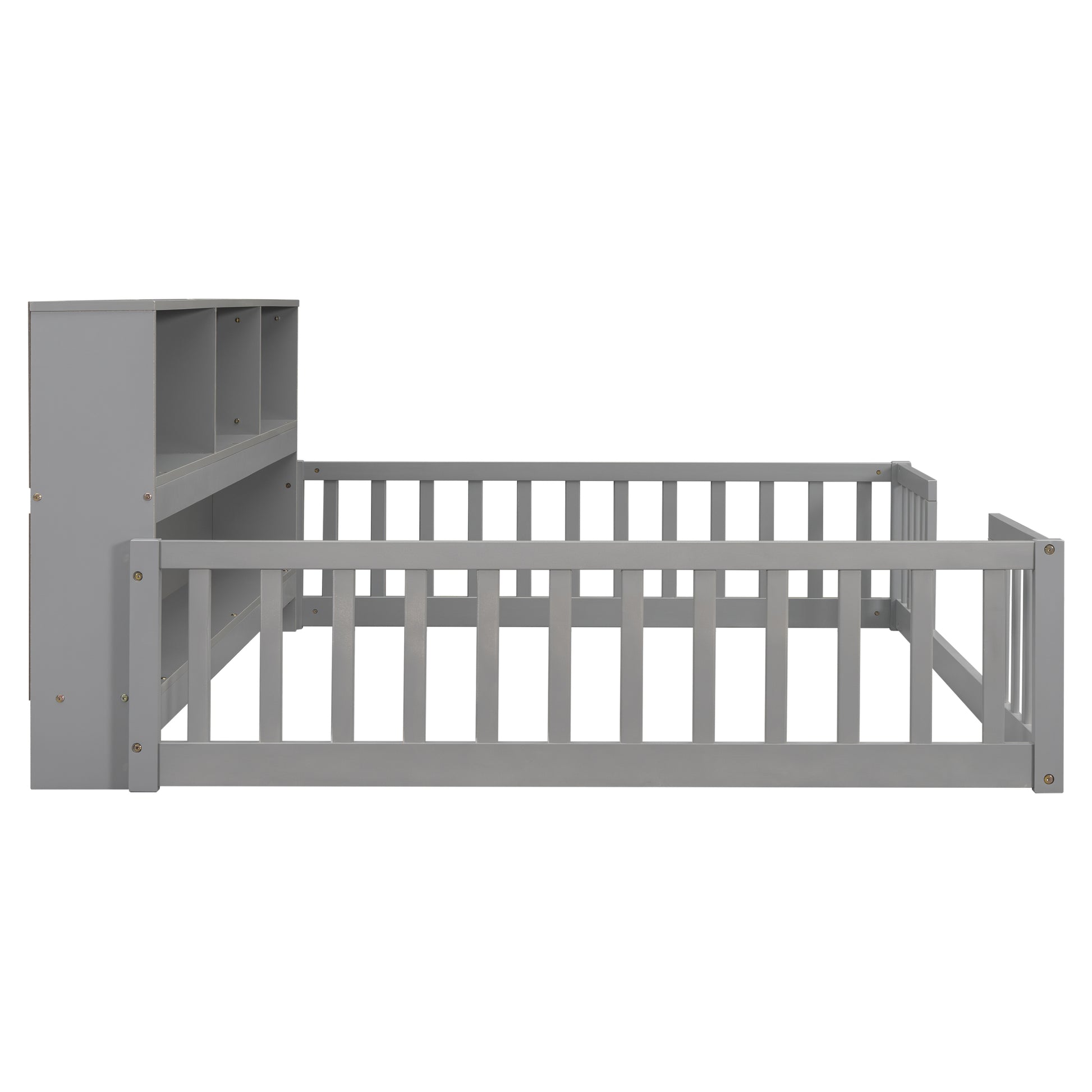 Gray toddler bed with bookshelf and safety rails