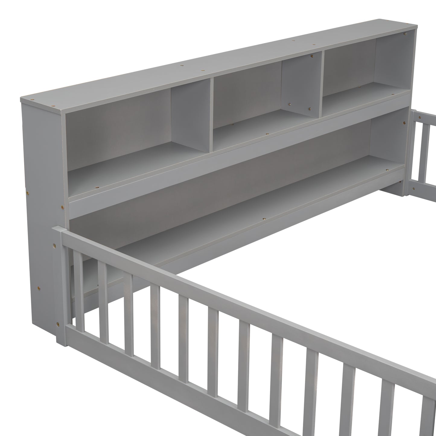 Gray wooden twin bed frame with integrated bookshelf headboard and safety rails