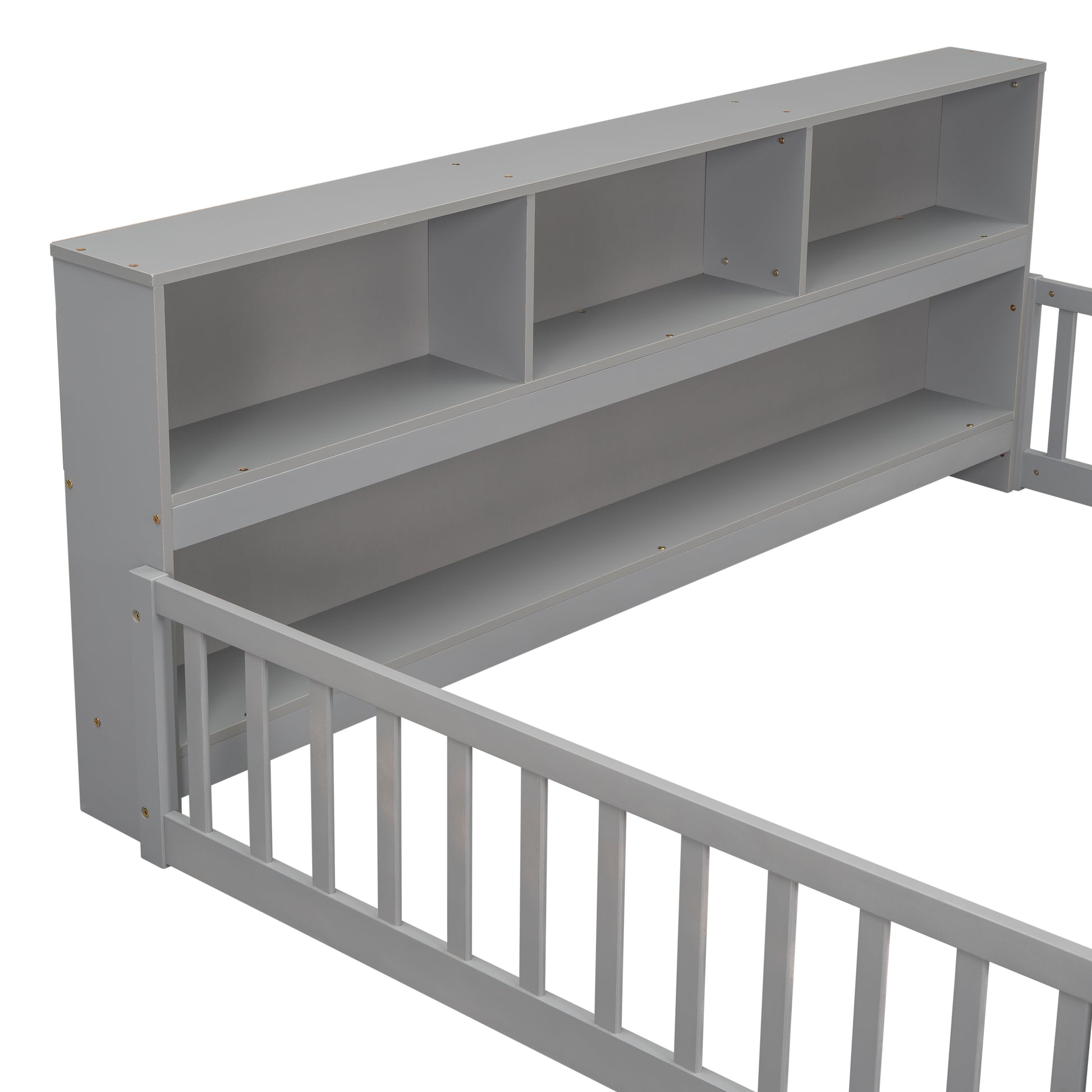 Gray wooden twin bed frame with integrated bookshelf headboard and safety rails