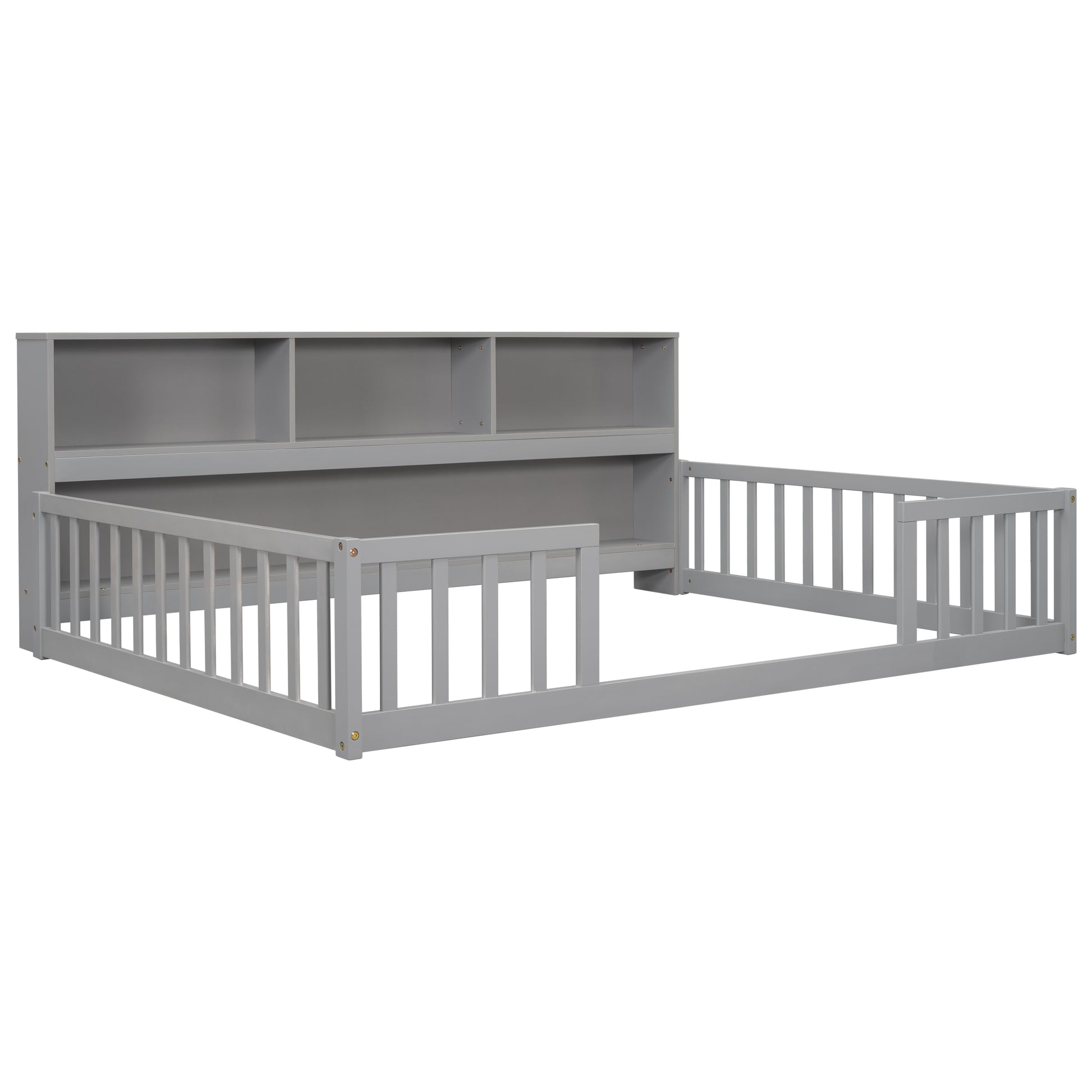 Gray toddler bed frame with attached bookshelf headboard and safety rails