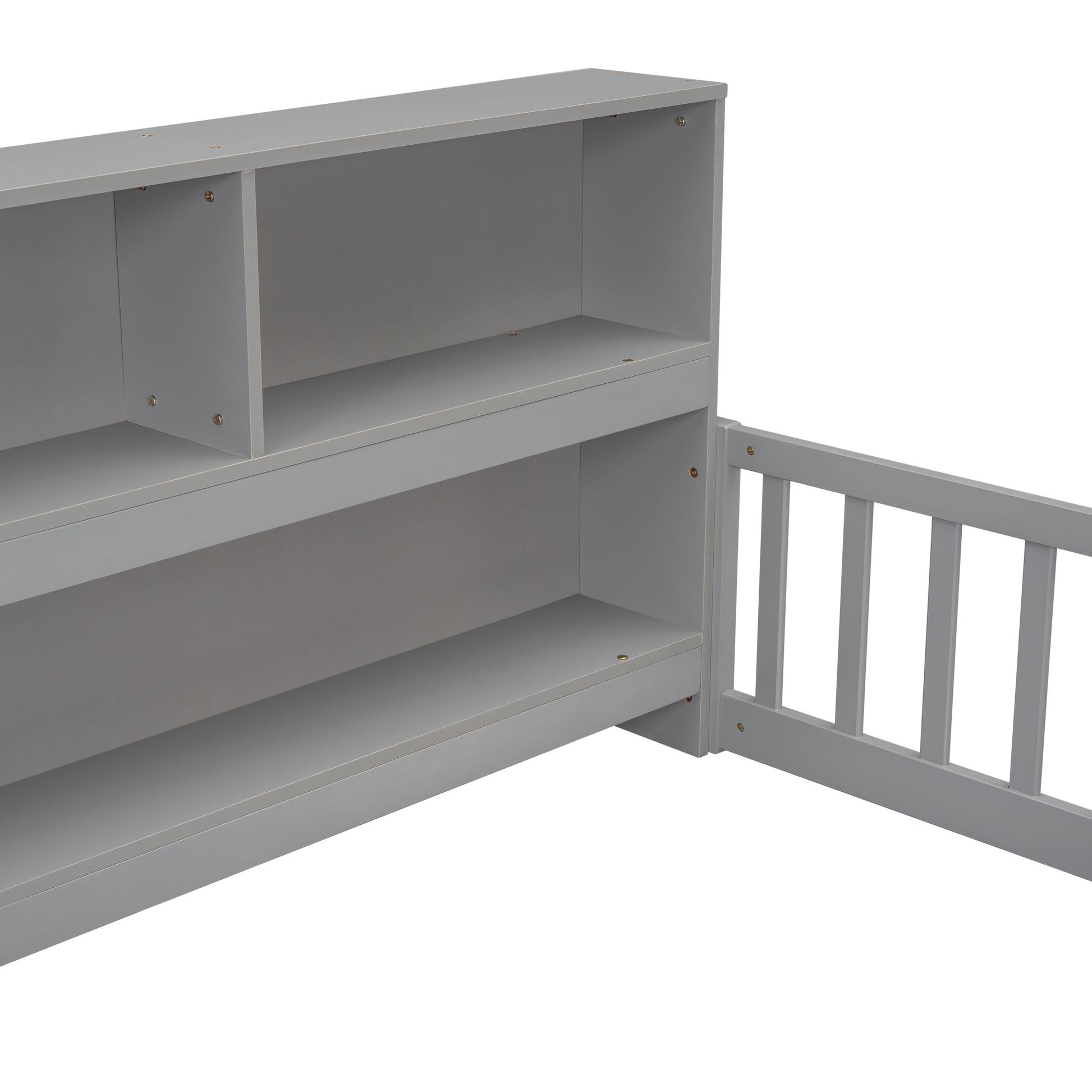 Gray wooden bookshelf with open compartments and a partial safety gate