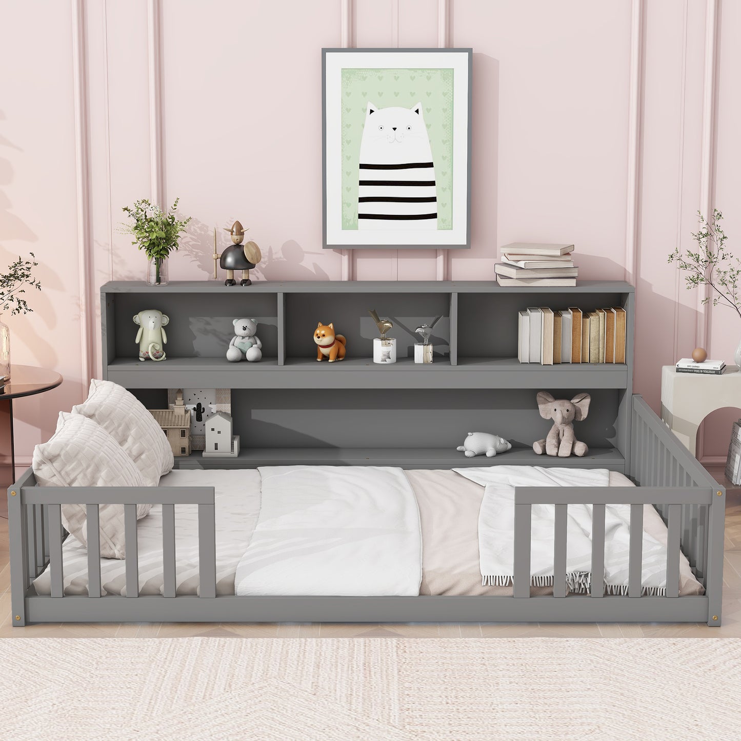 Grey wooden toddler bed with builtin bookshelves and guardrails