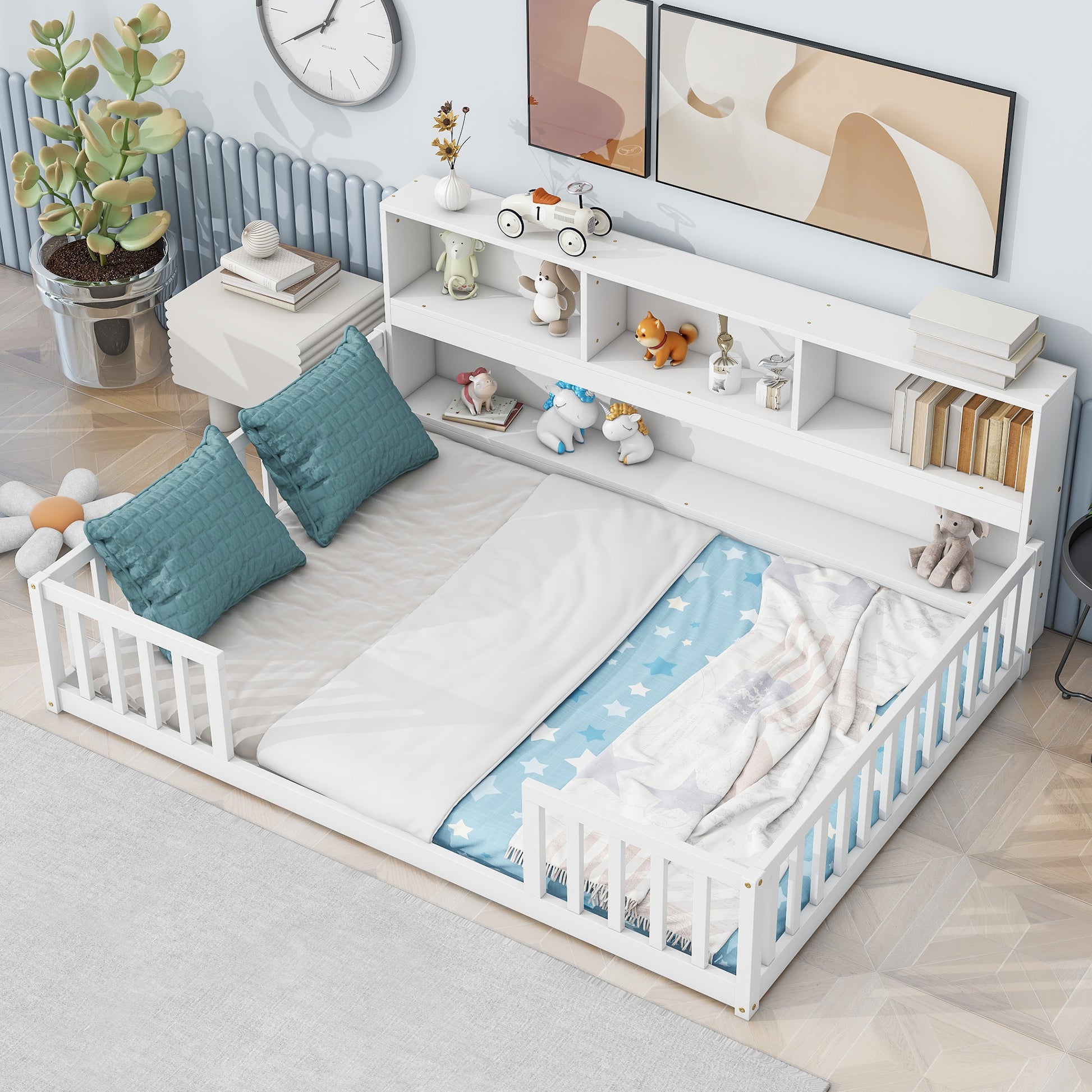 White wooden toddler bed with guardrails and builtin bookshelf