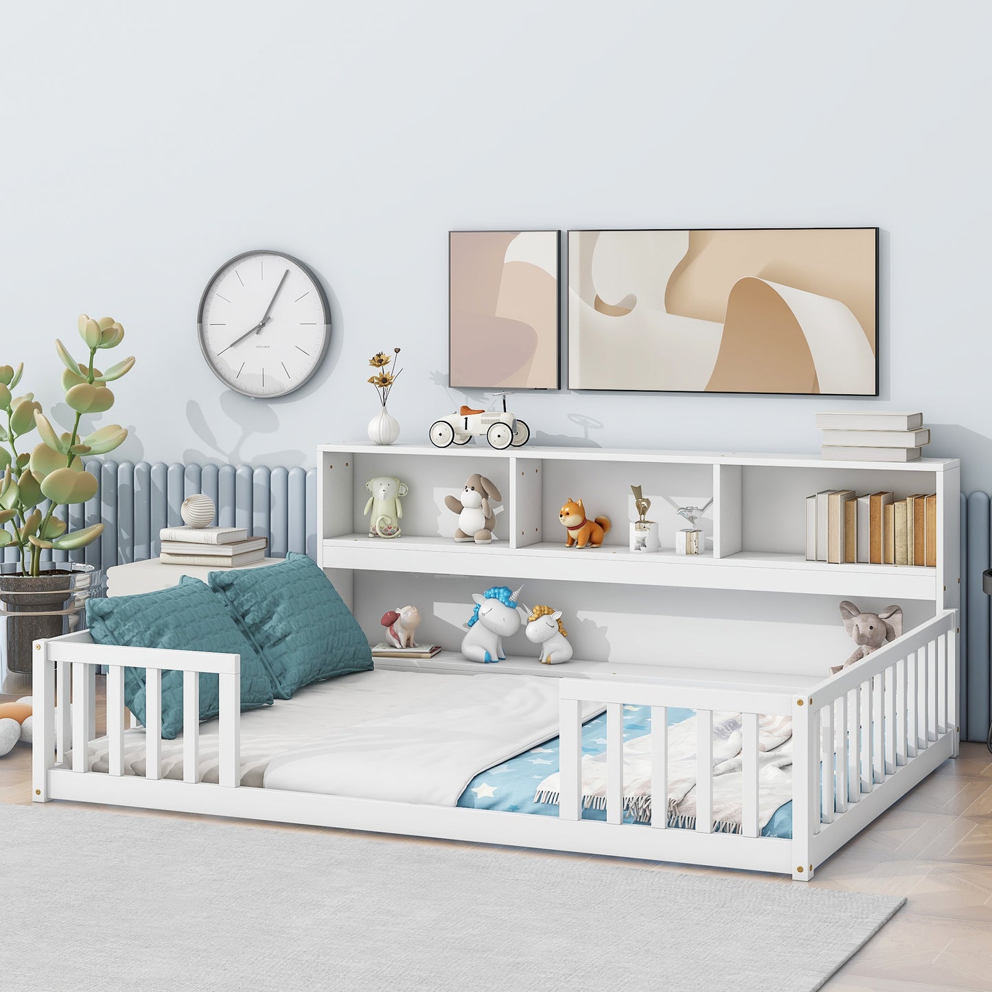 White wooden toddler bed with safety rails and integrated bookshelf