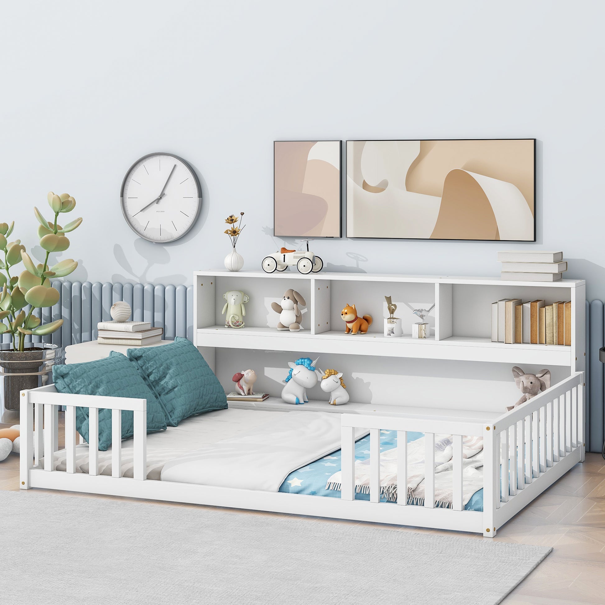 White wooden toddler bed with safety rails and integrated bookshelf