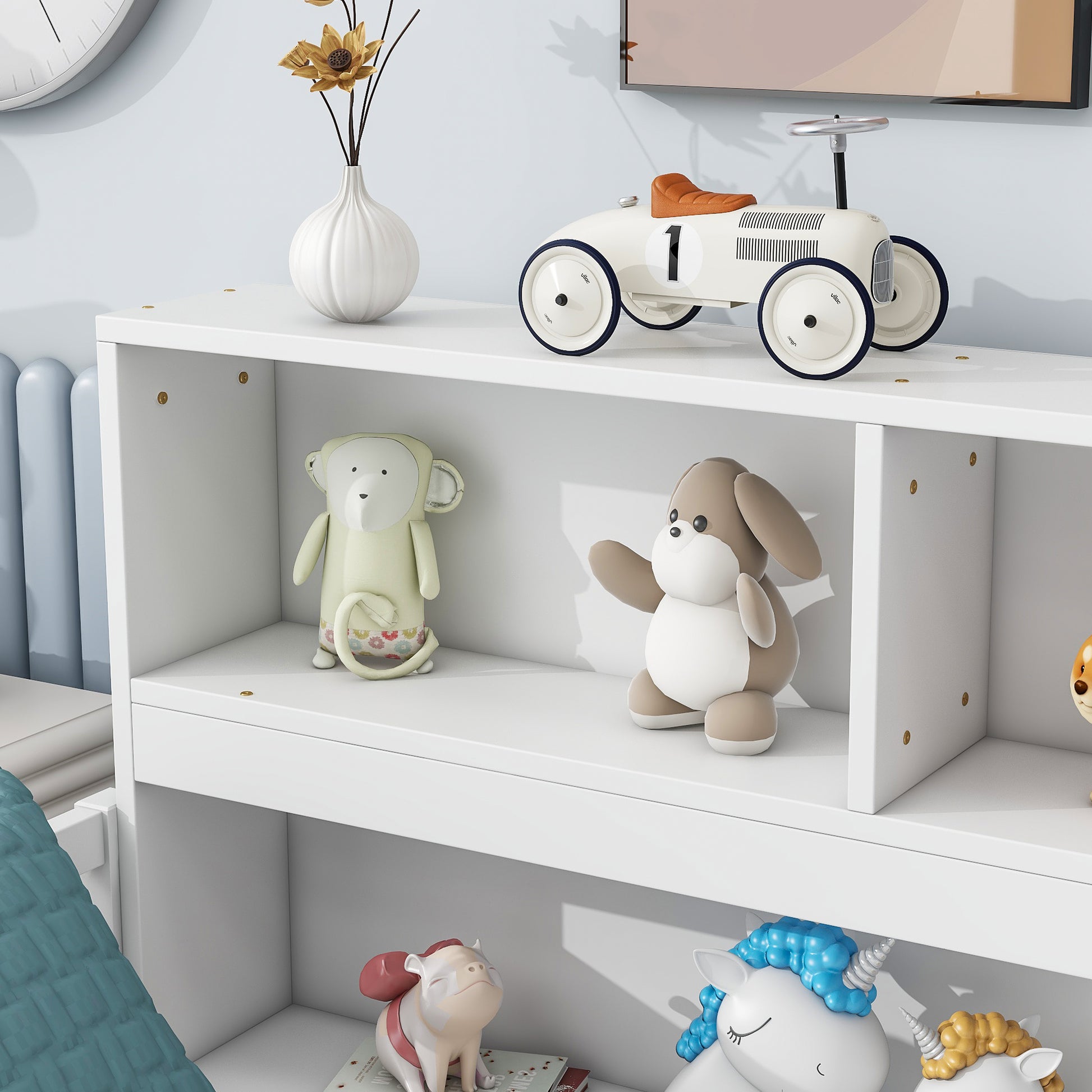 White rideon toy car with brown seat and number