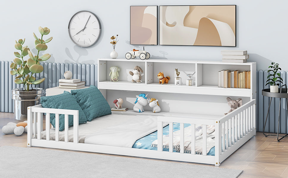 White toddler bed with builtin bookshelf