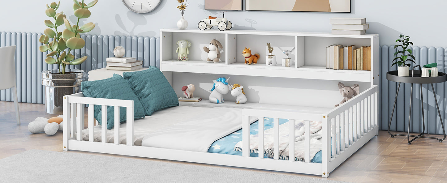 White wooden toddler bed with integrated bookshelves and plush toys