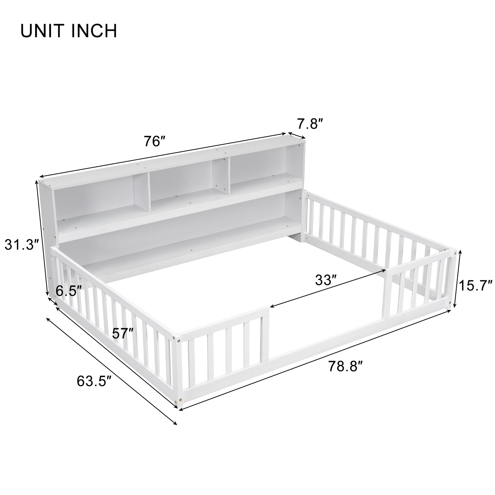 White toddler bed frame with safety rails and builtin bookshelf headboard