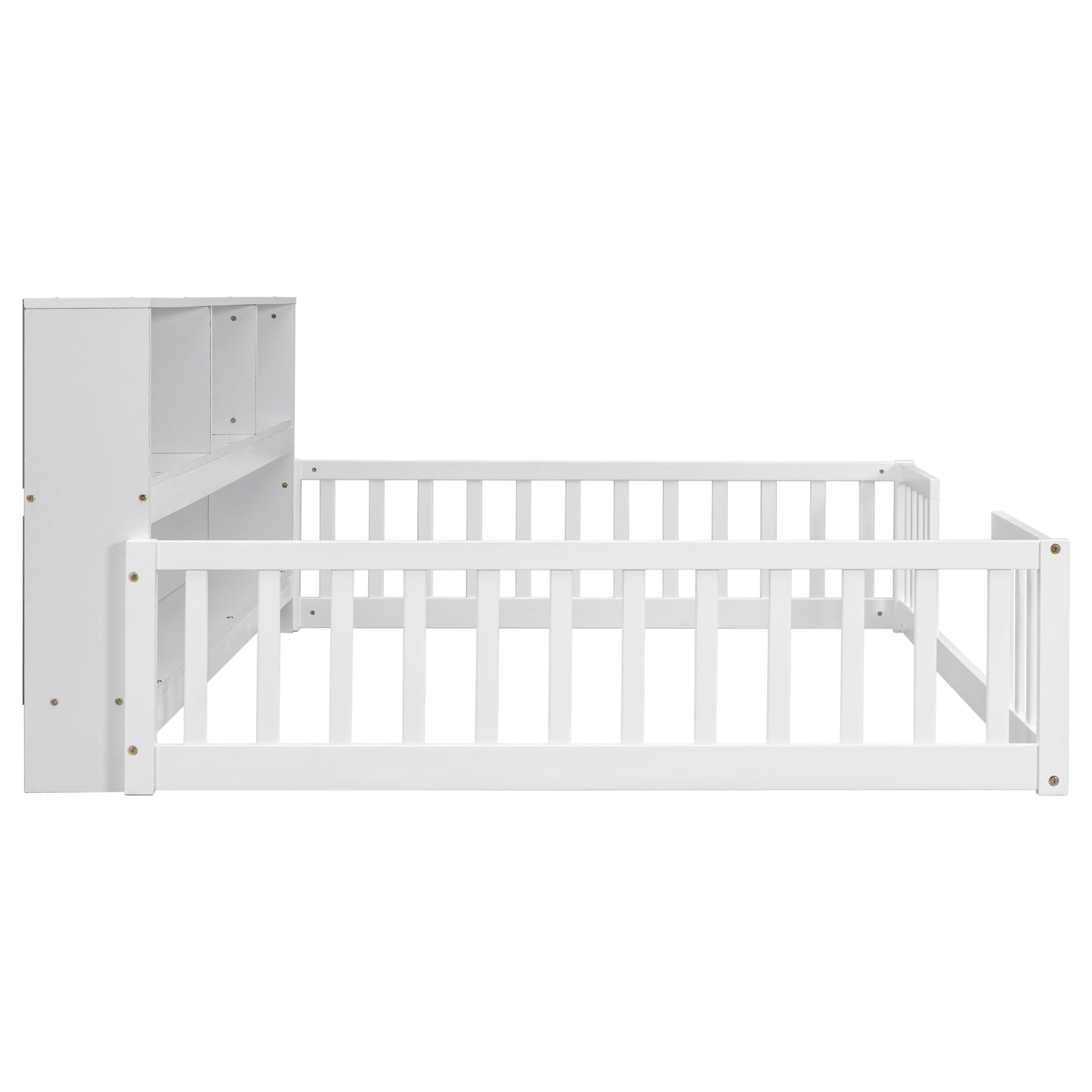 White wooden toddler bed with safety rails and attached bookshelf