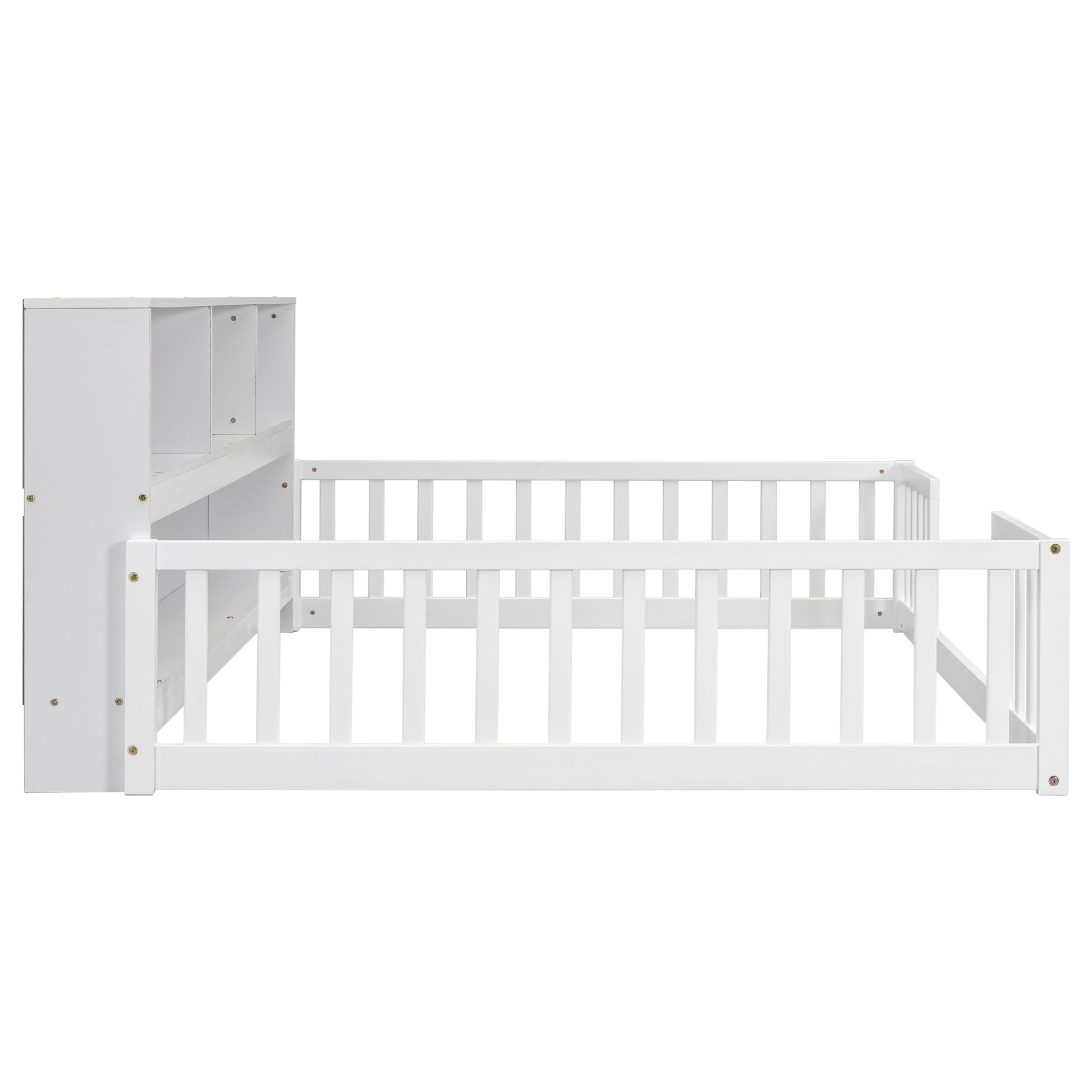 White wooden toddler bed with safety rails and attached bookshelf