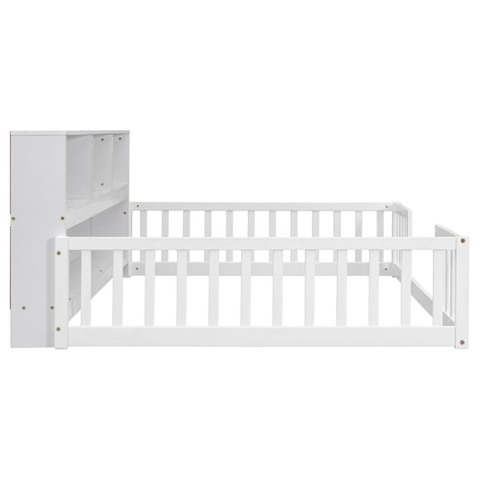 White wooden toddler bed with safety rails and attached bookshelf