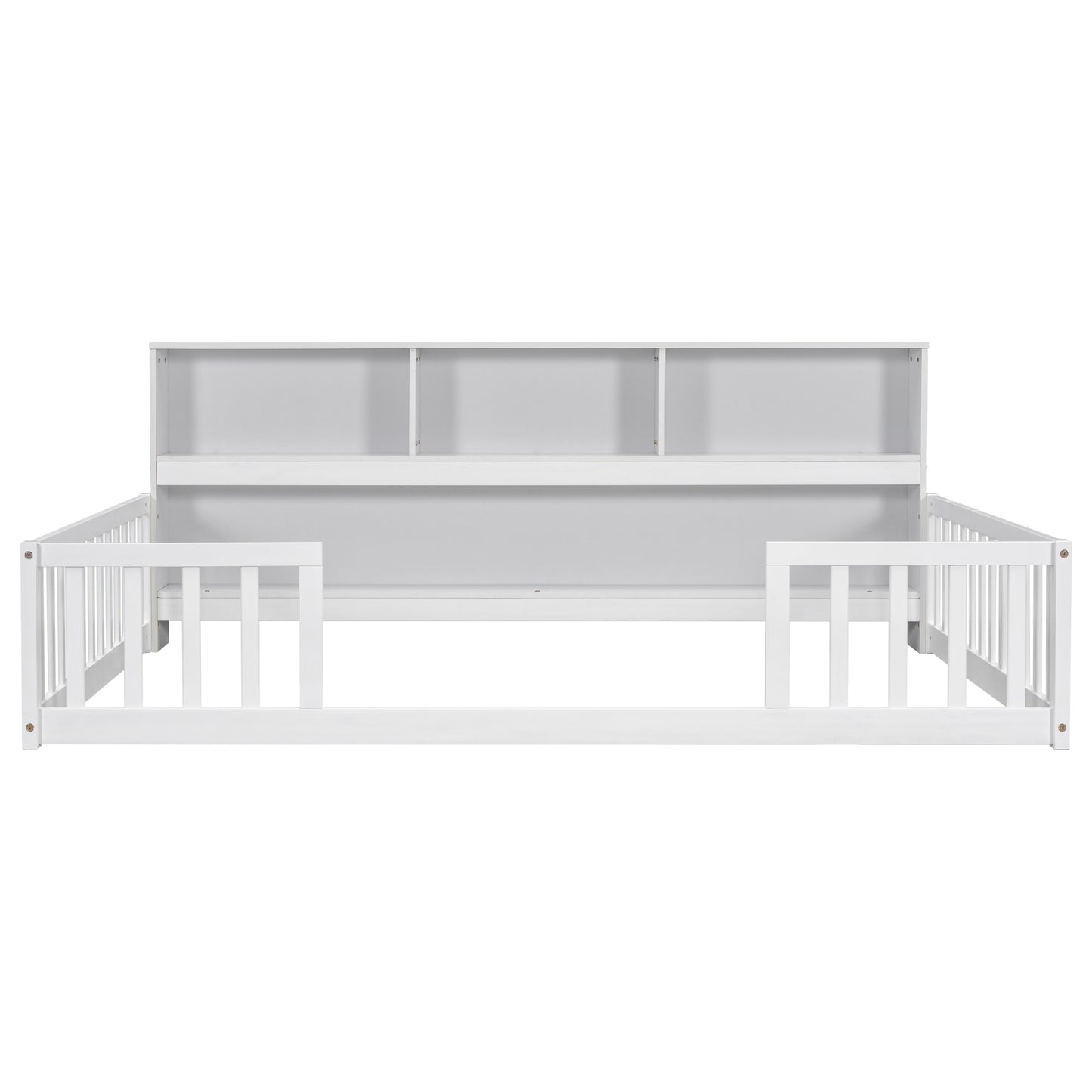 White wooden toddler bed with safety rails and integrated bookshelf headboard