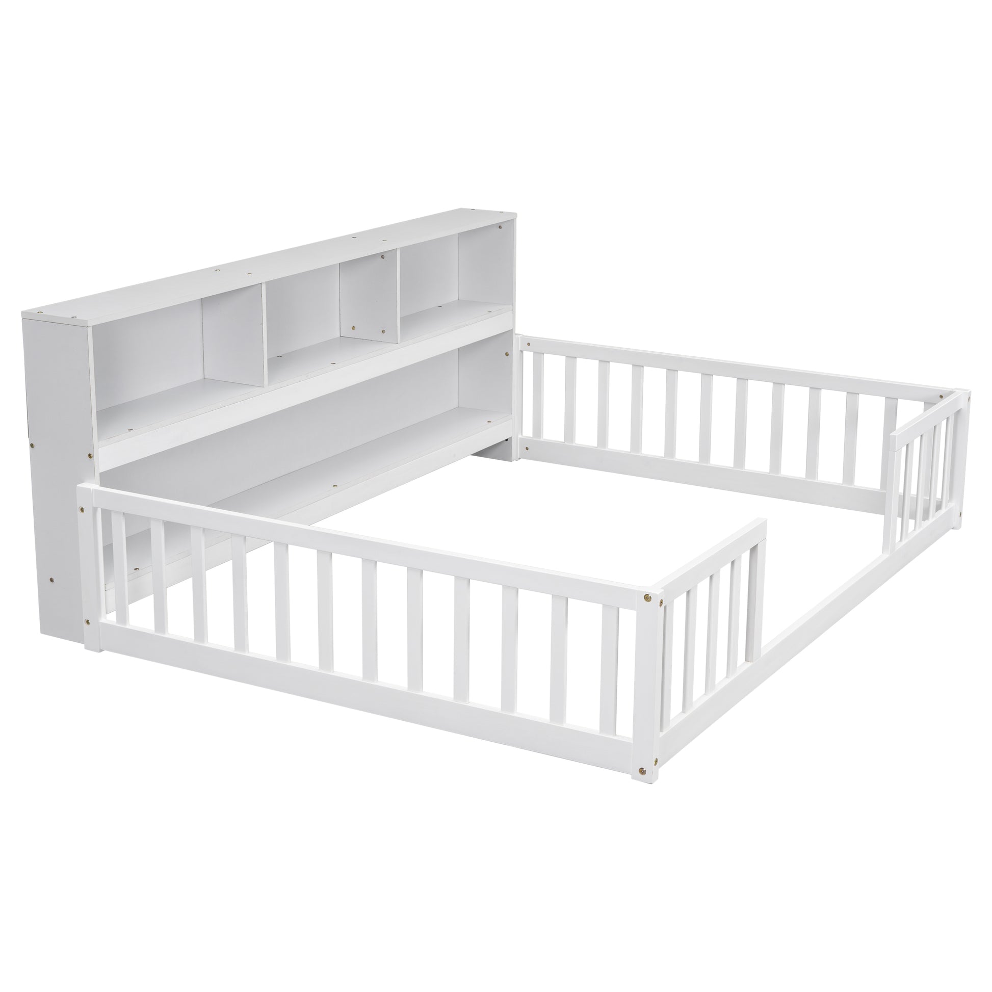 White wooden toddler bed with bookcase headboard and safety rails