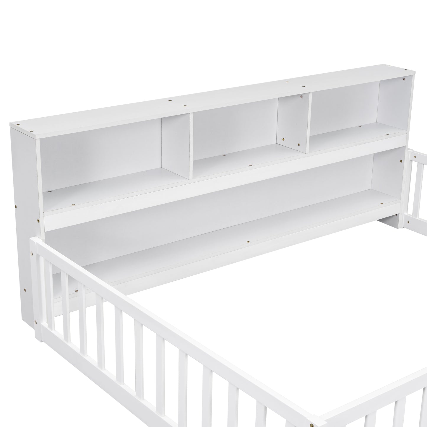 White wooden twin bed frame with builtin shelving headboard for kids room storage