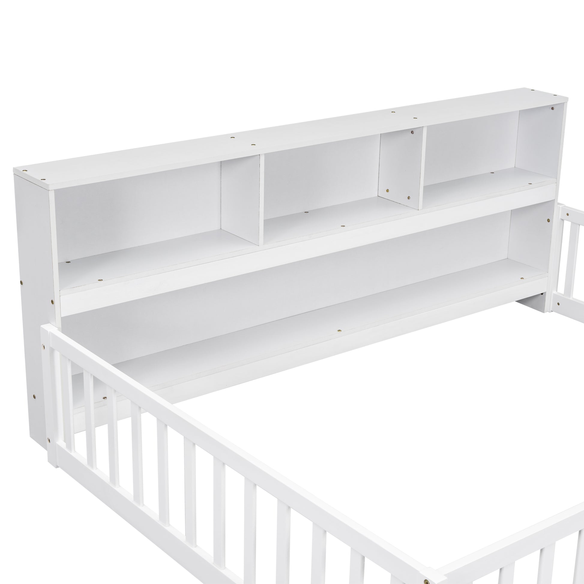 White wooden twin bed frame with builtin shelving headboard for kids room storage