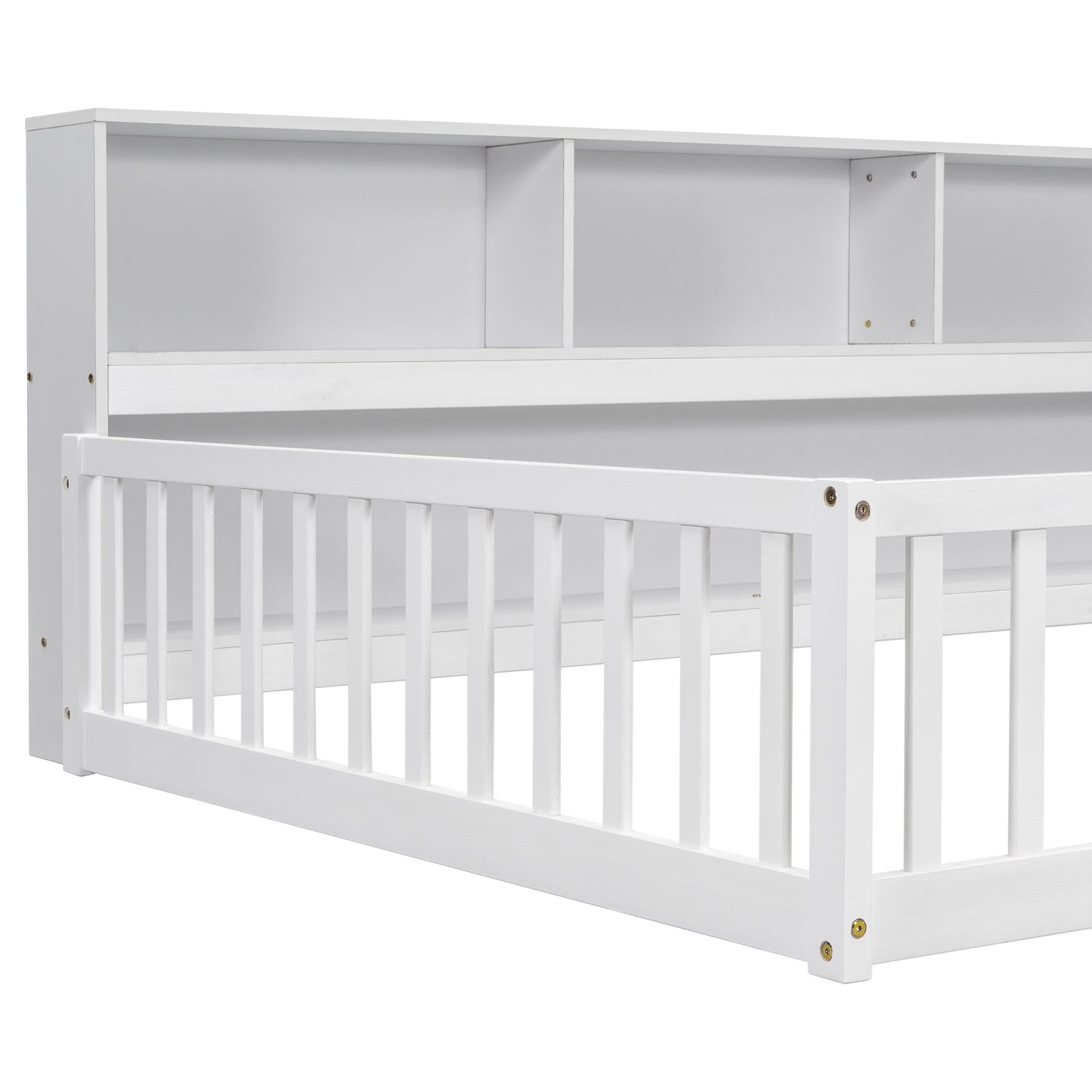 White wooden toddler bed frame with attached bookshelf headboard