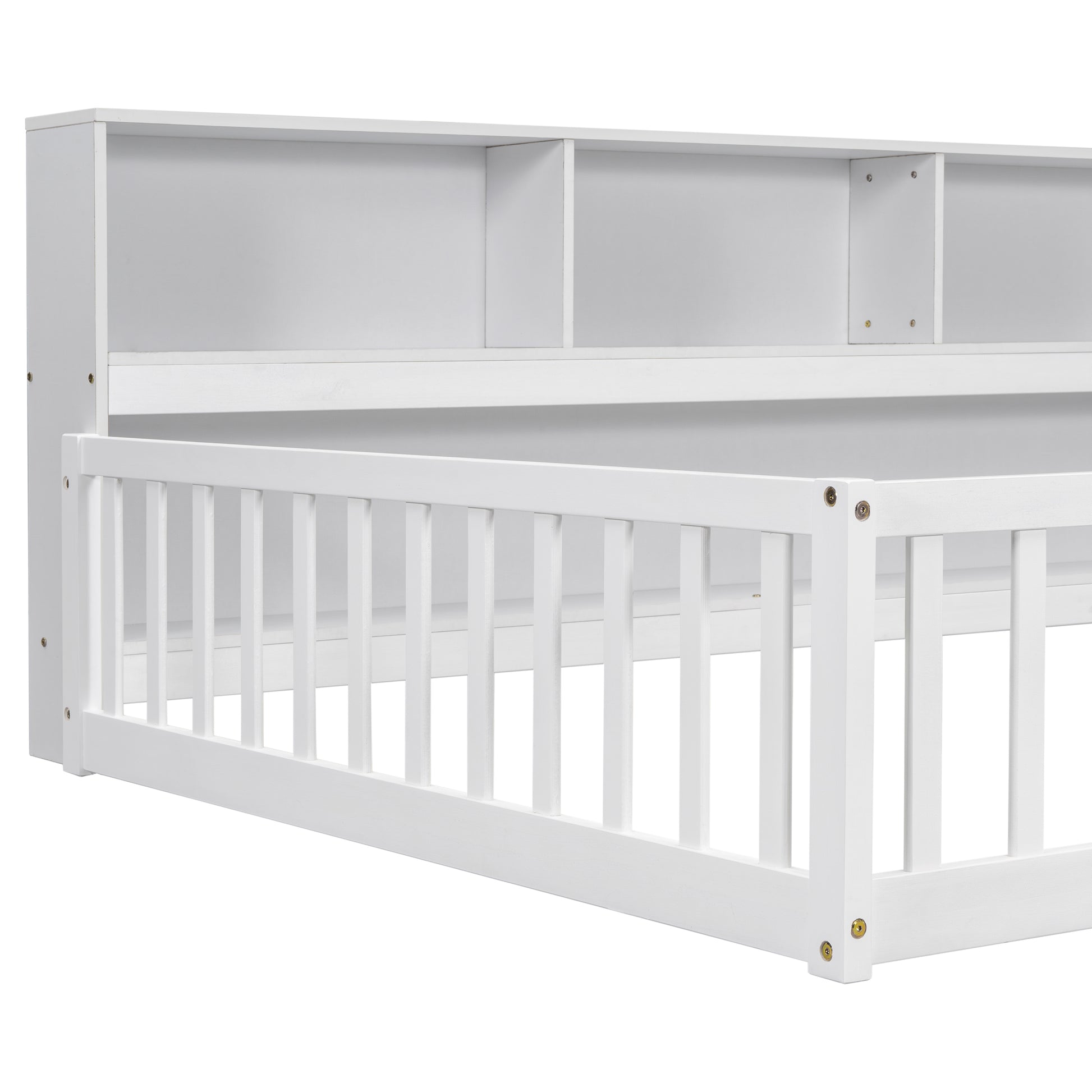 White wooden toddler bed frame with attached bookshelf headboard