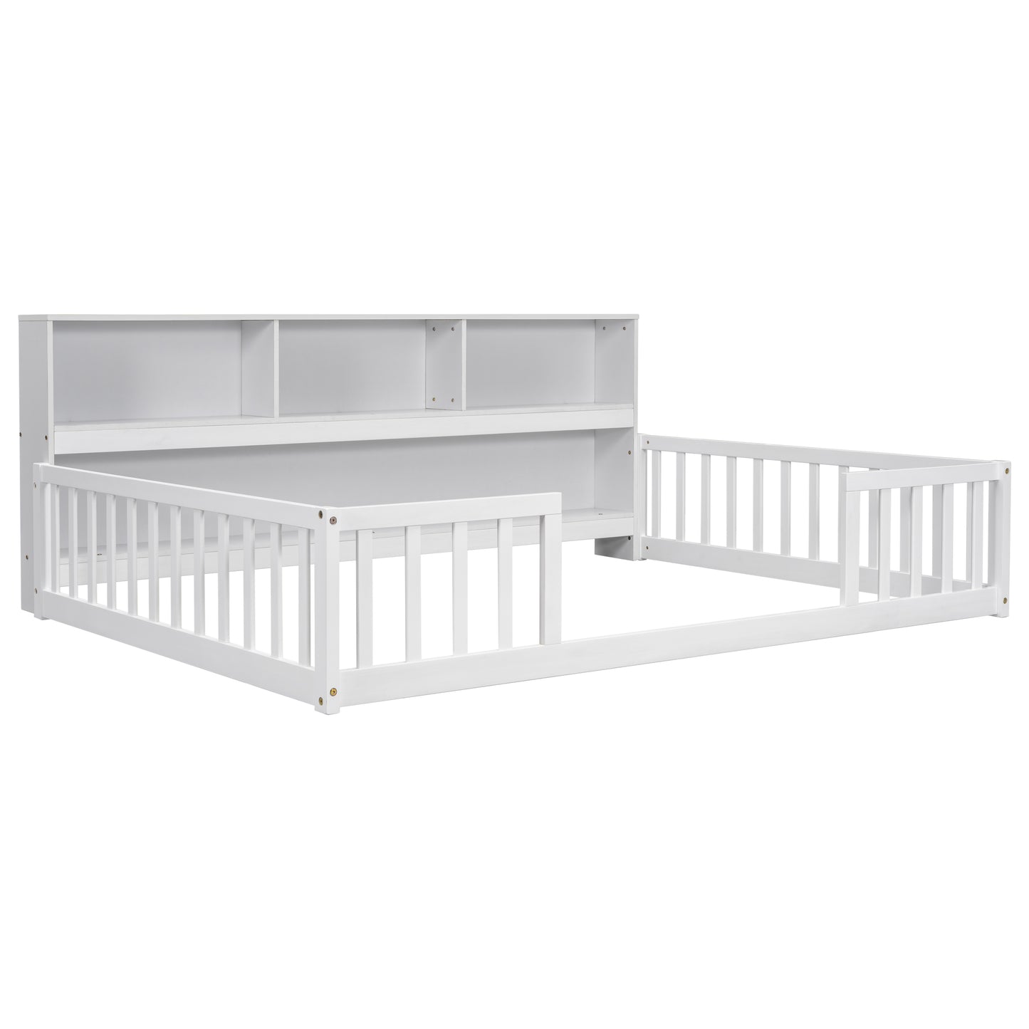 White wooden toddler bed frame with integrated bookcase headboard and safety rails