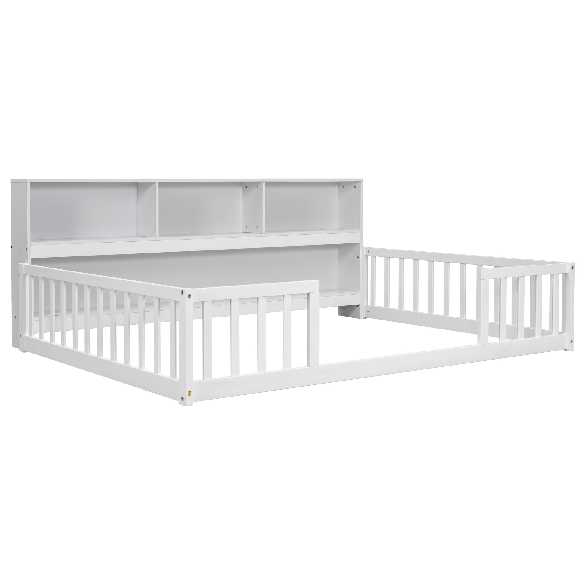 White wooden toddler bed frame with integrated bookcase headboard and safety rails