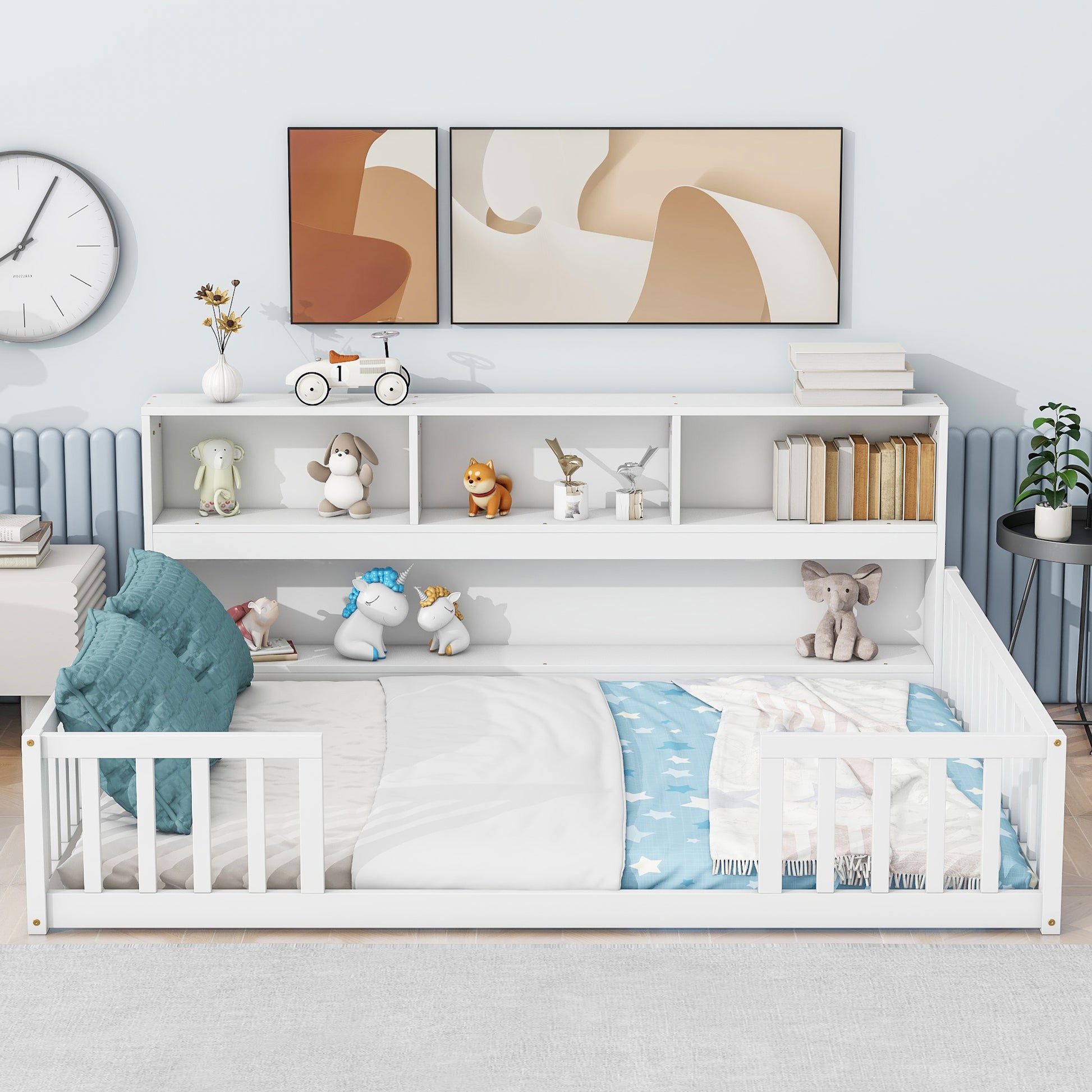 White toddler bed with guardrails and builtin shelving