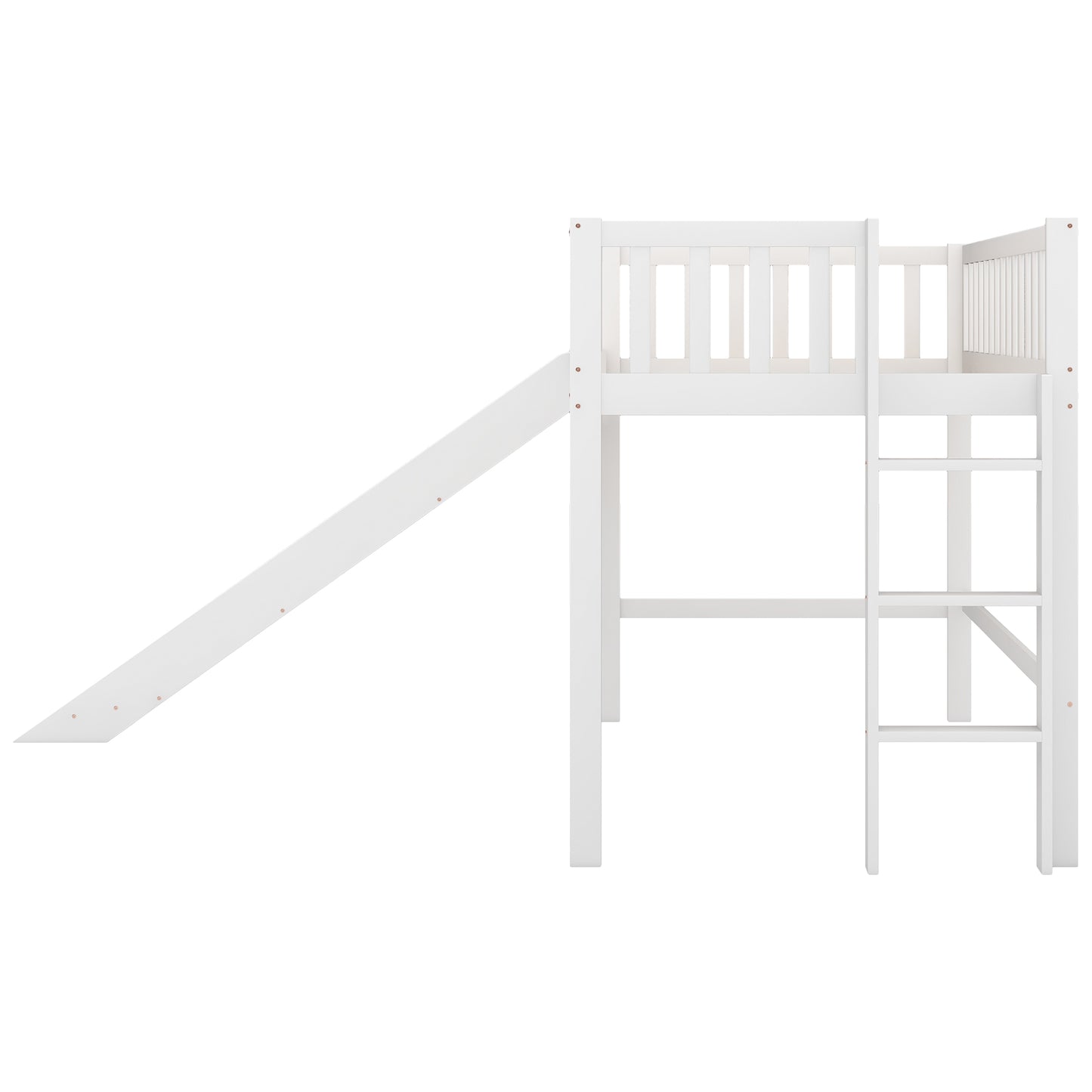White wooden loft bed with slide and ladder