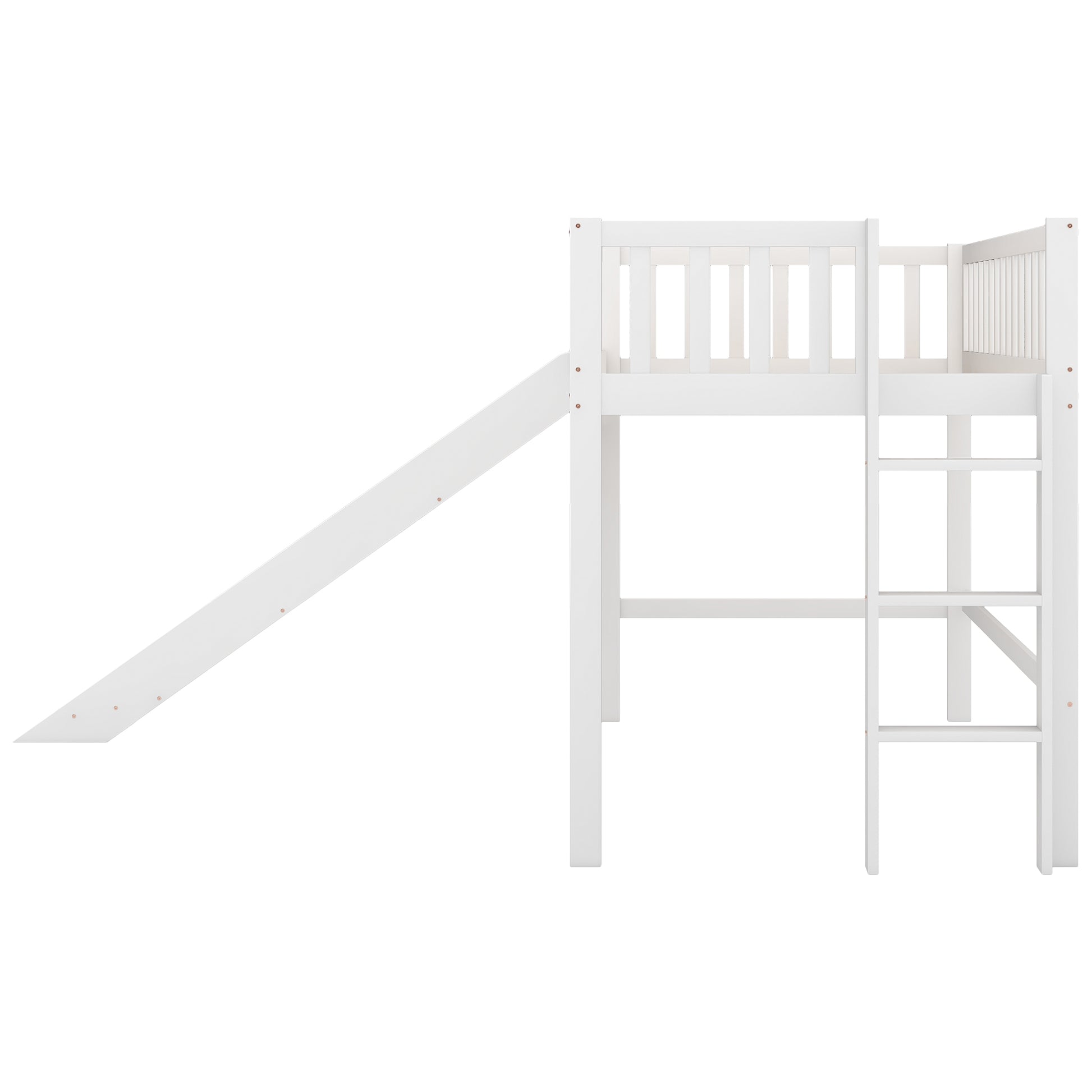 White wooden loft bed with slide and ladder