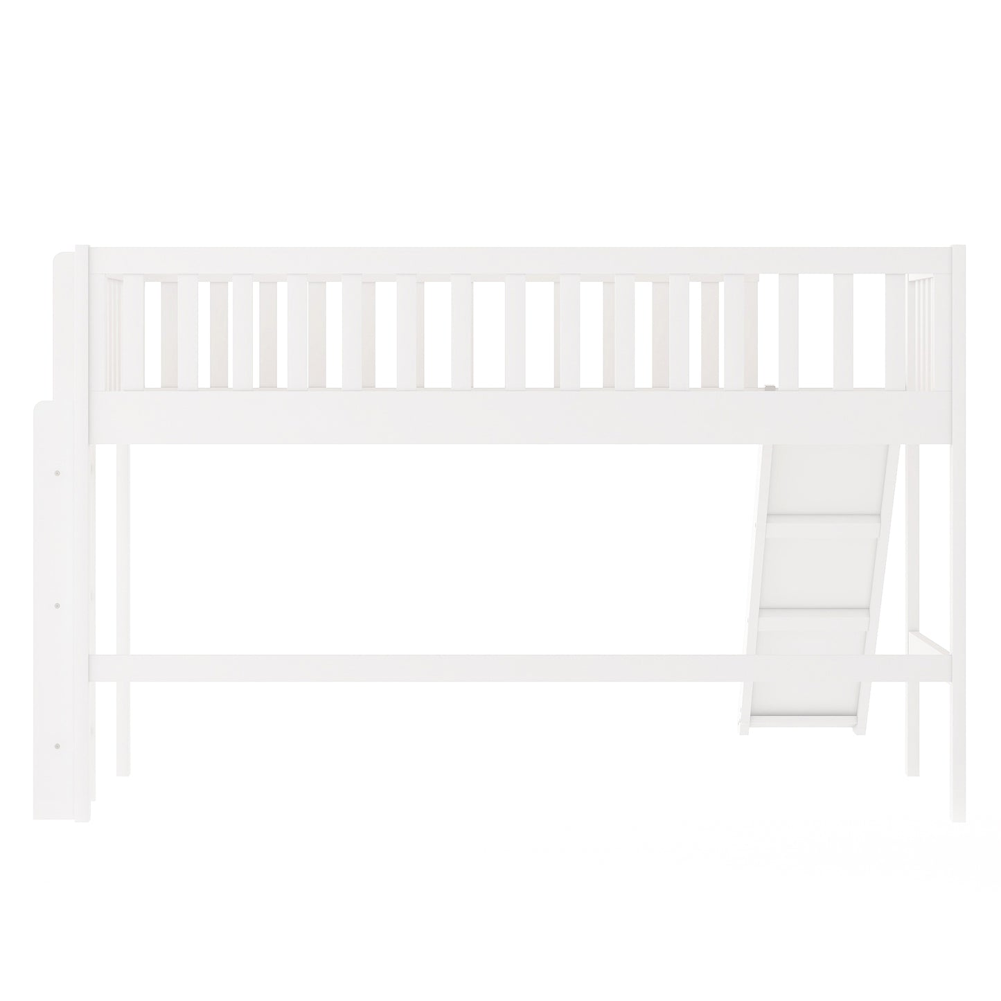 White wooden loft bed with stairs and railing