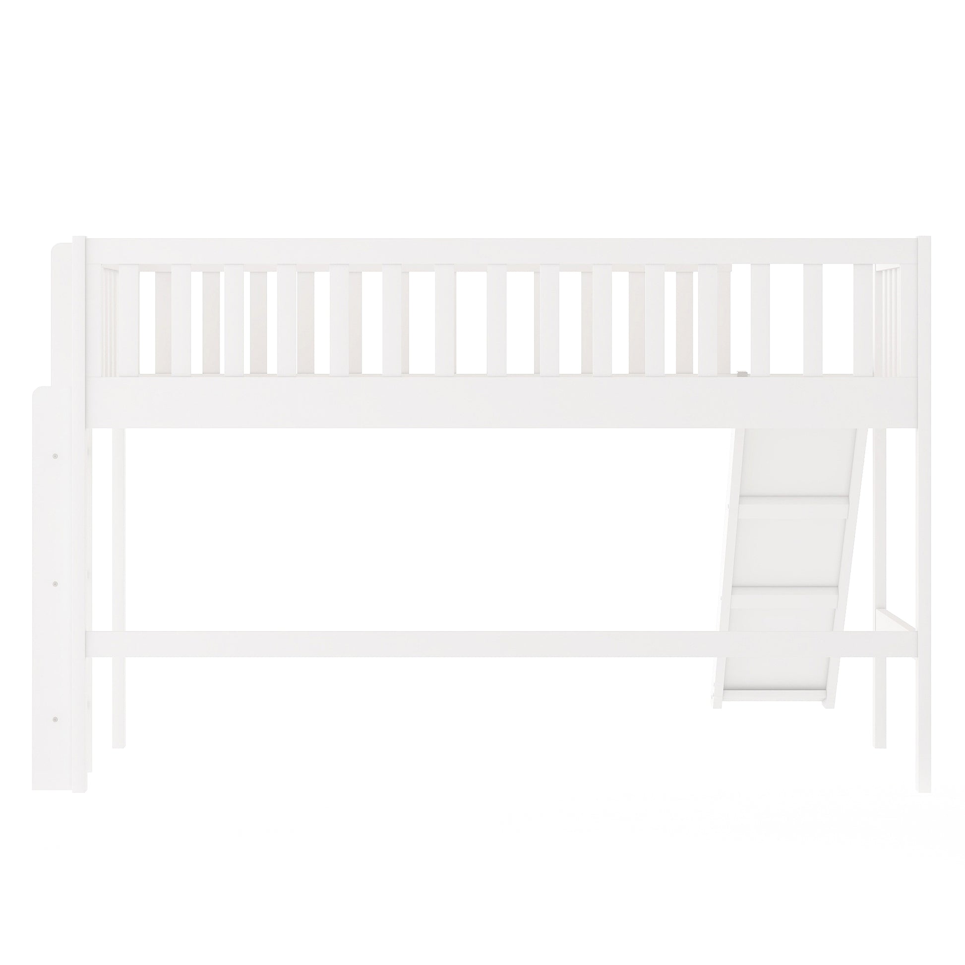 White wooden loft bed with stairs and railing
