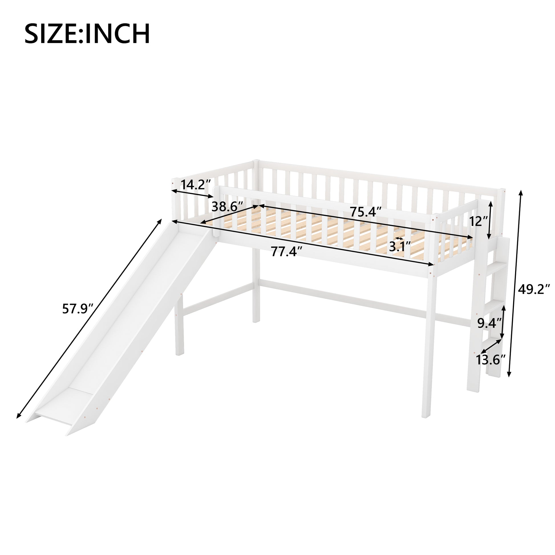 White wooden loft bed with slide and ladder for kids rooms