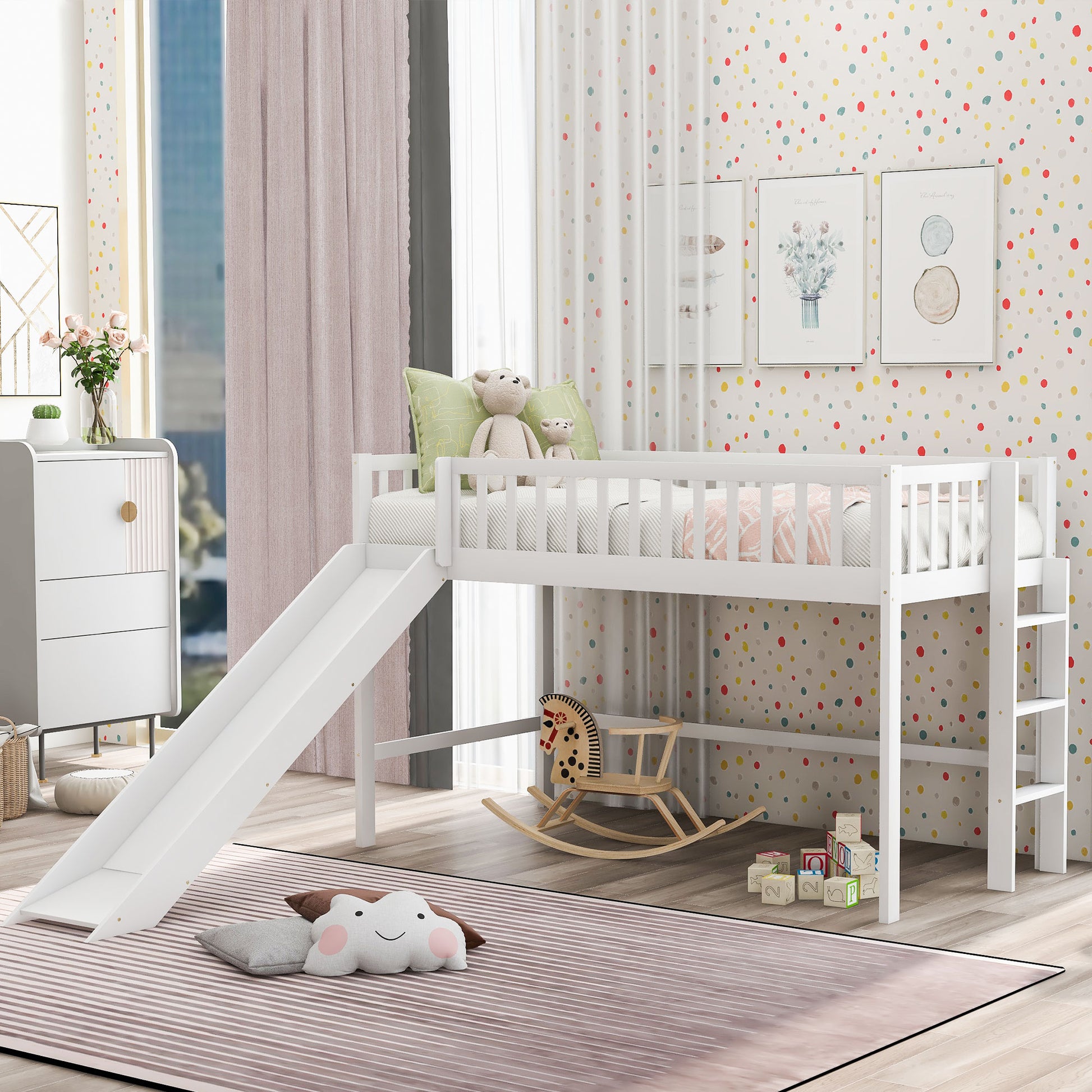 White wooden loft bed with slide for kids room