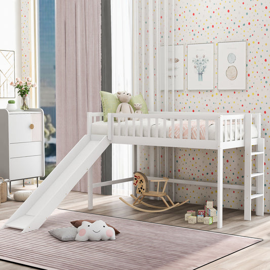 White wooden loft bed with slide for kids room