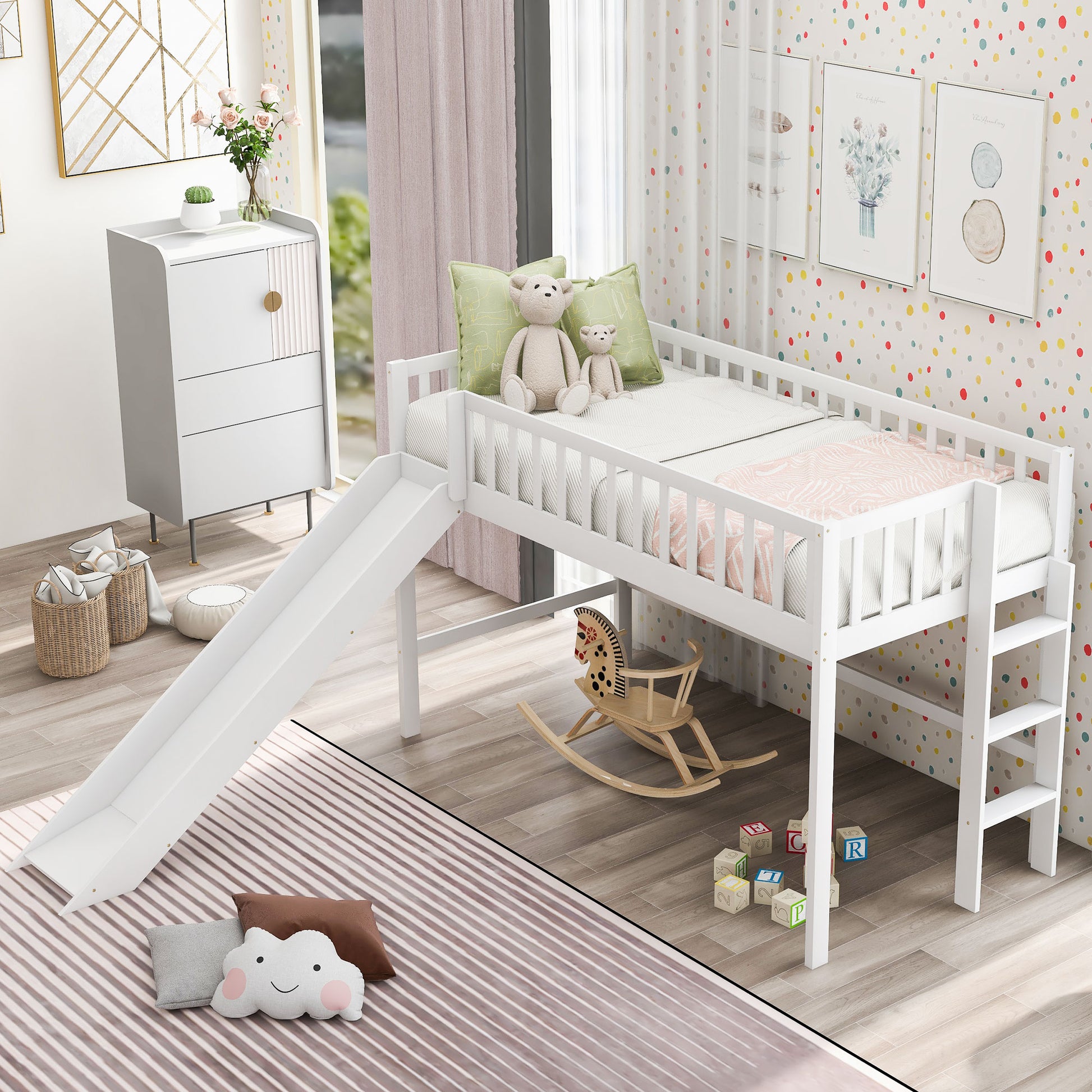 White wooden loft bed with slide and ladder for kids room
