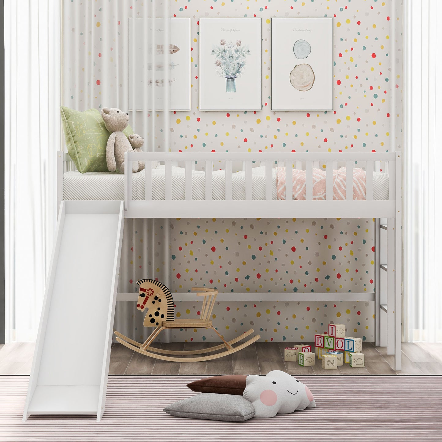 White loft bed with slide and rocking horse