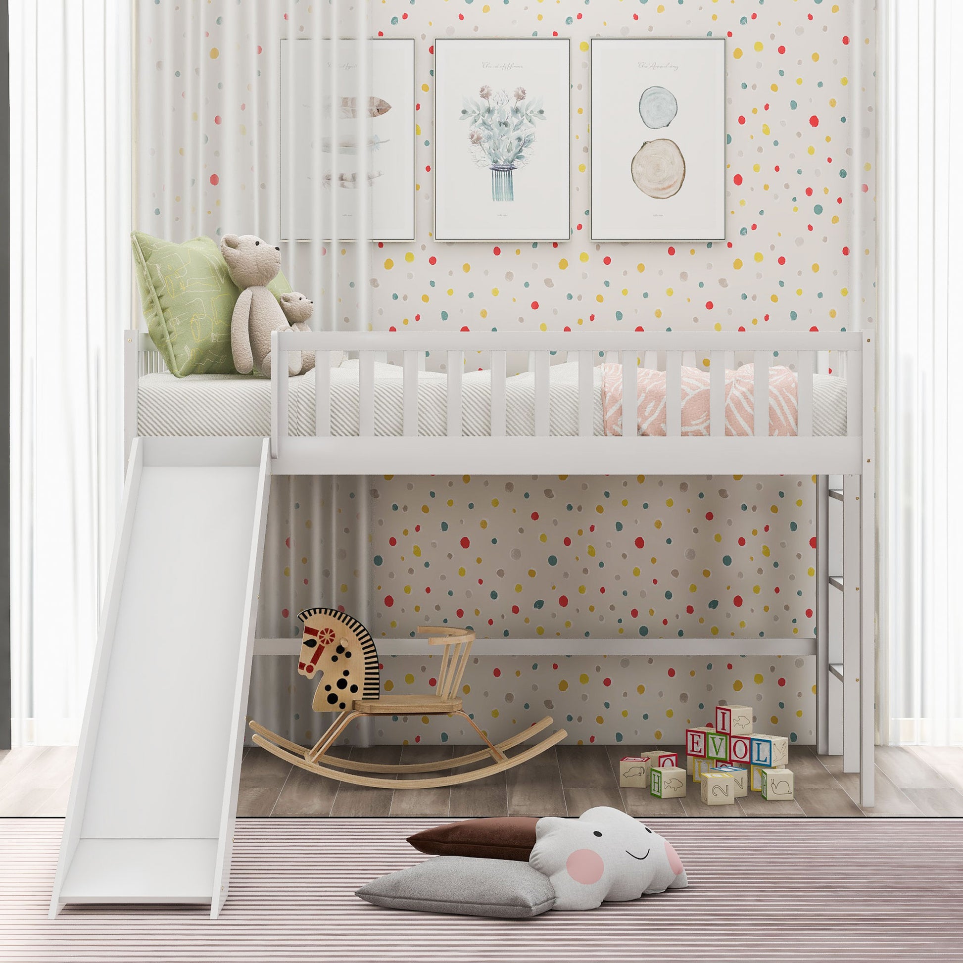 White loft bed with slide and rocking horse