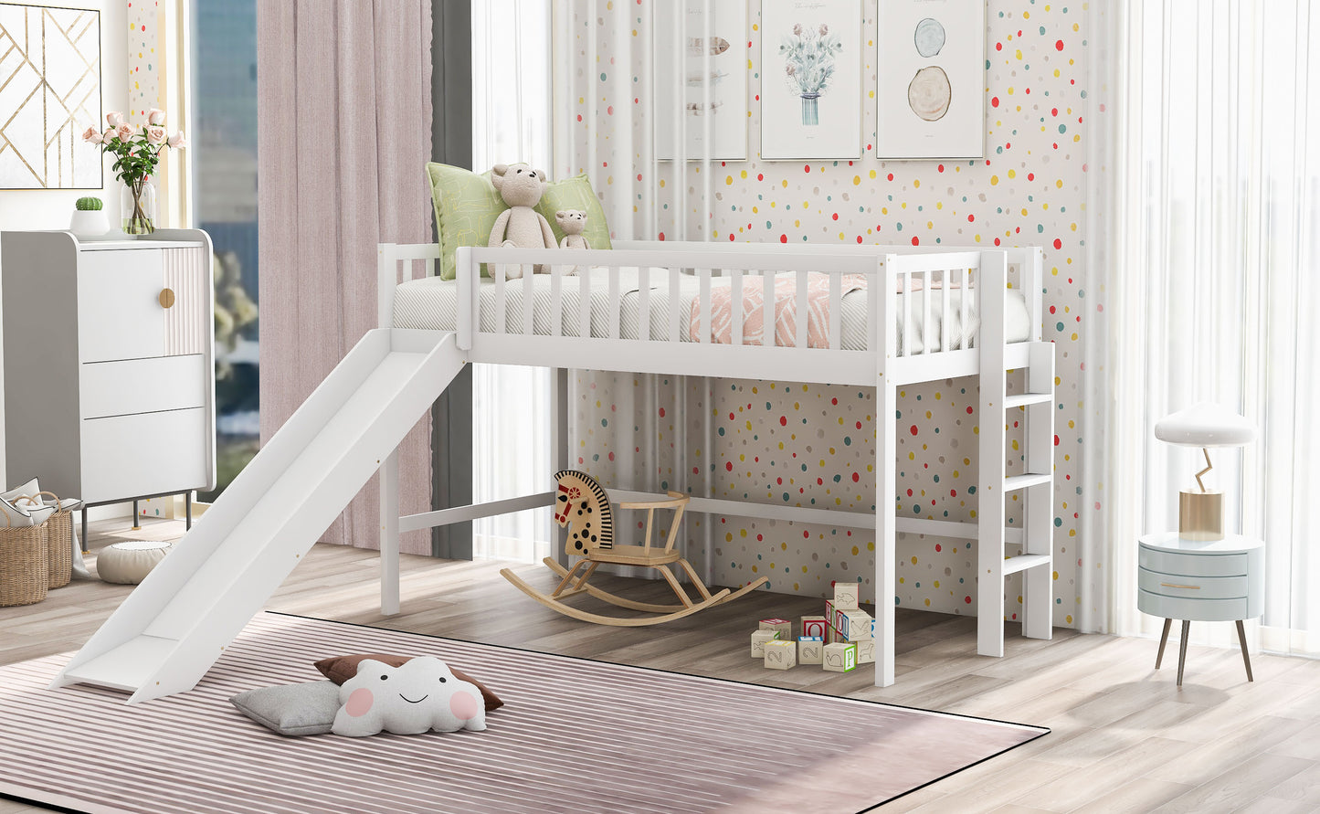 White loft bed with slide and ladder for kids