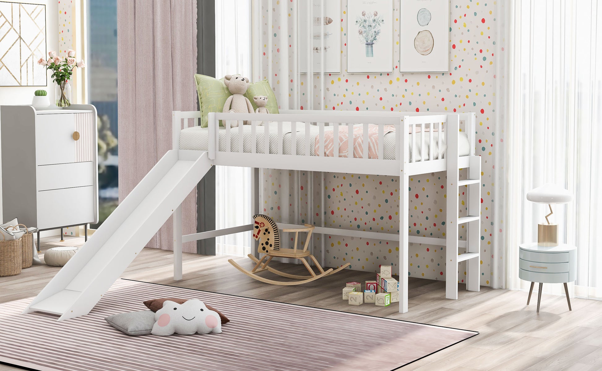 White loft bed with slide and ladder for kids