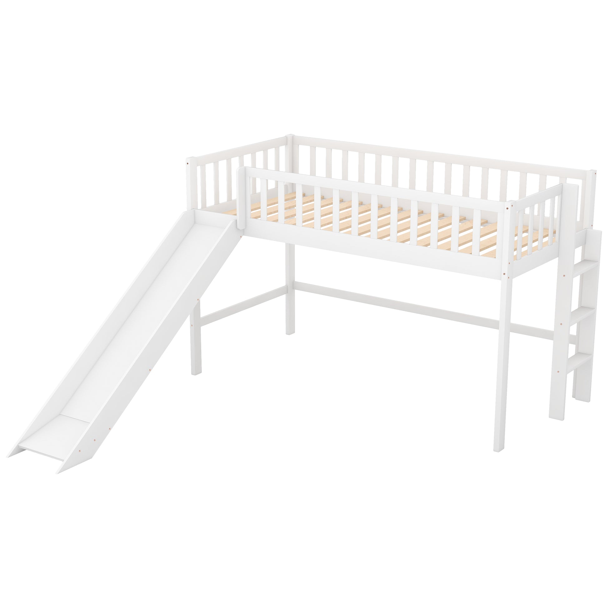White loft bed with slide and ladder for kids