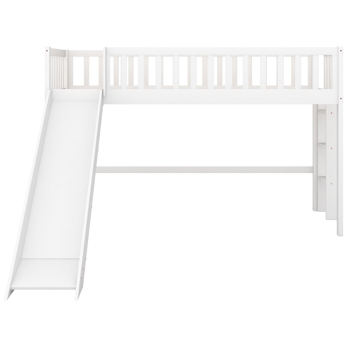 White wooden loft bed with a fun integrated slide and safety rails