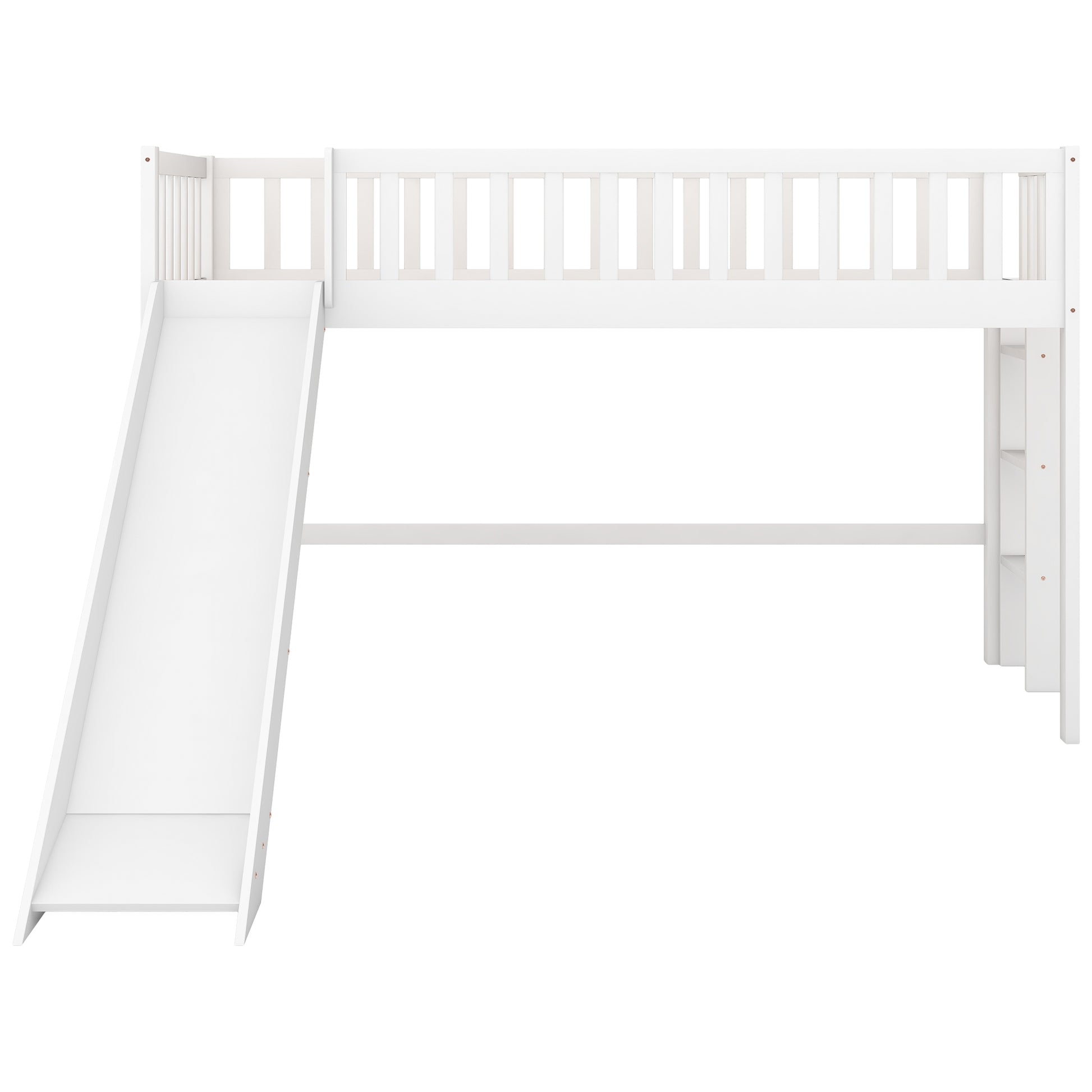 White wooden loft bed with a fun integrated slide and safety rails