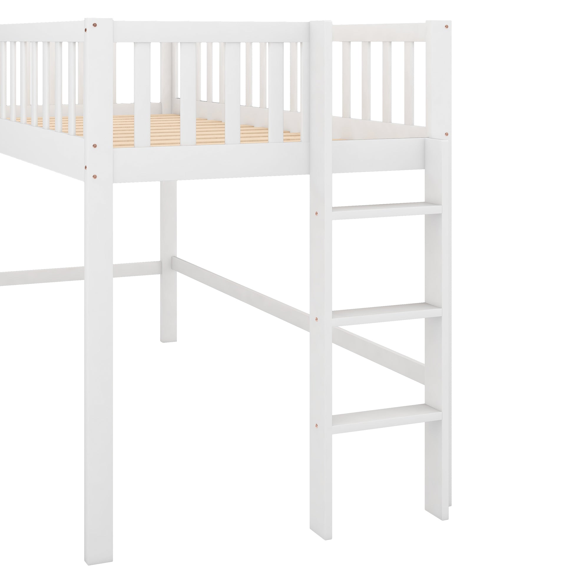White wooden loft bed with slatted base and ladder