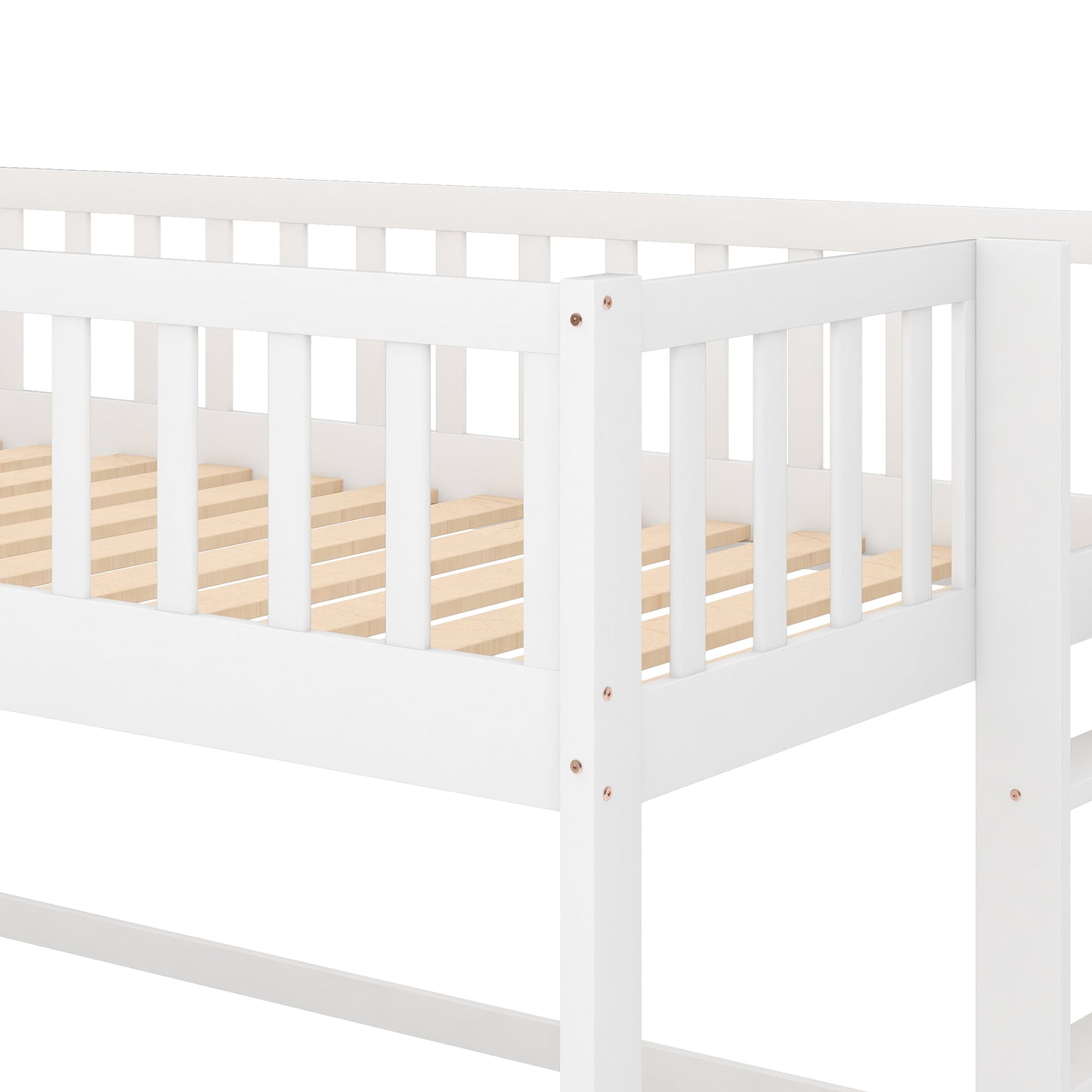 White wooden bunk bed frame detail showing slatted base and safety rails