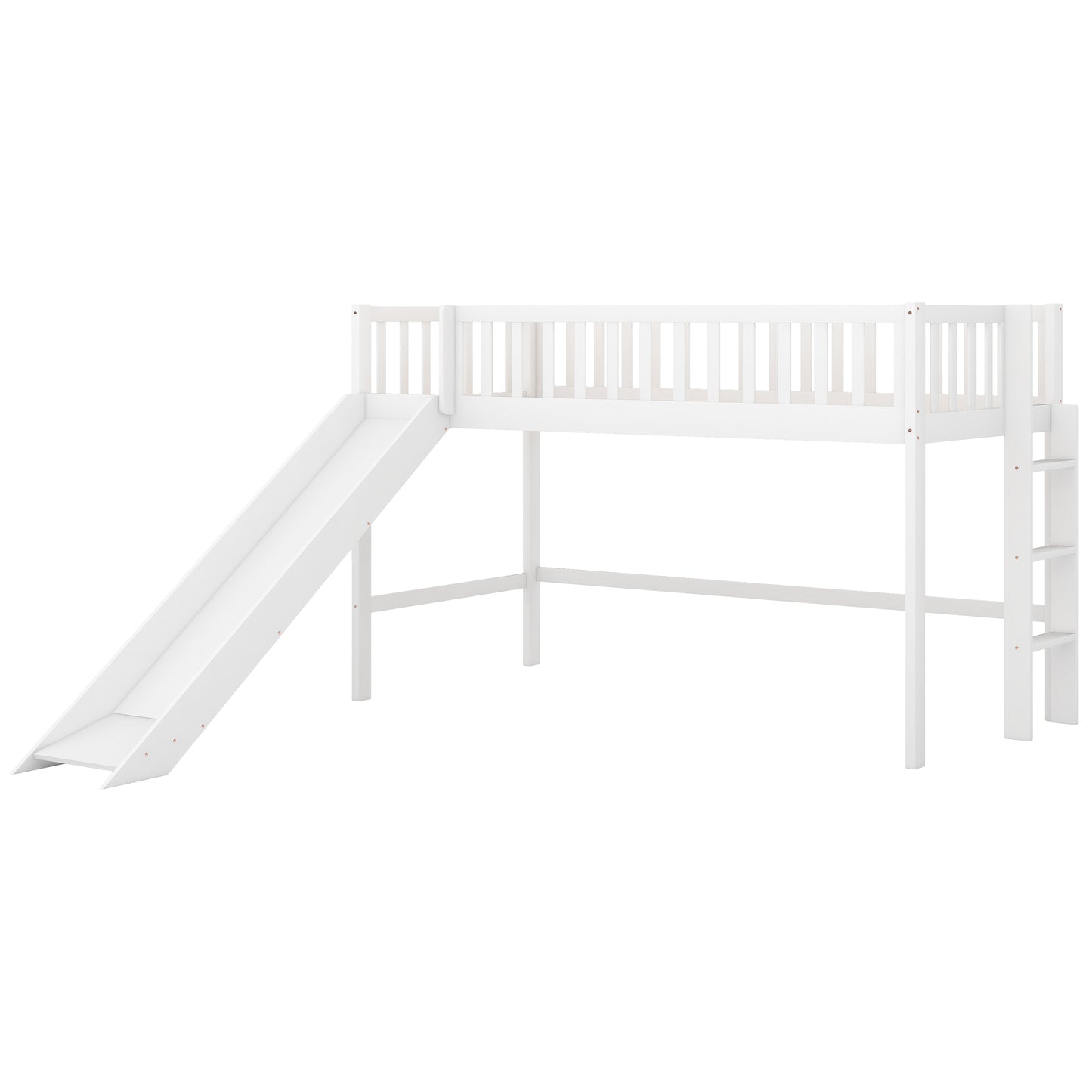 White wooden loft bed with slide and ladder